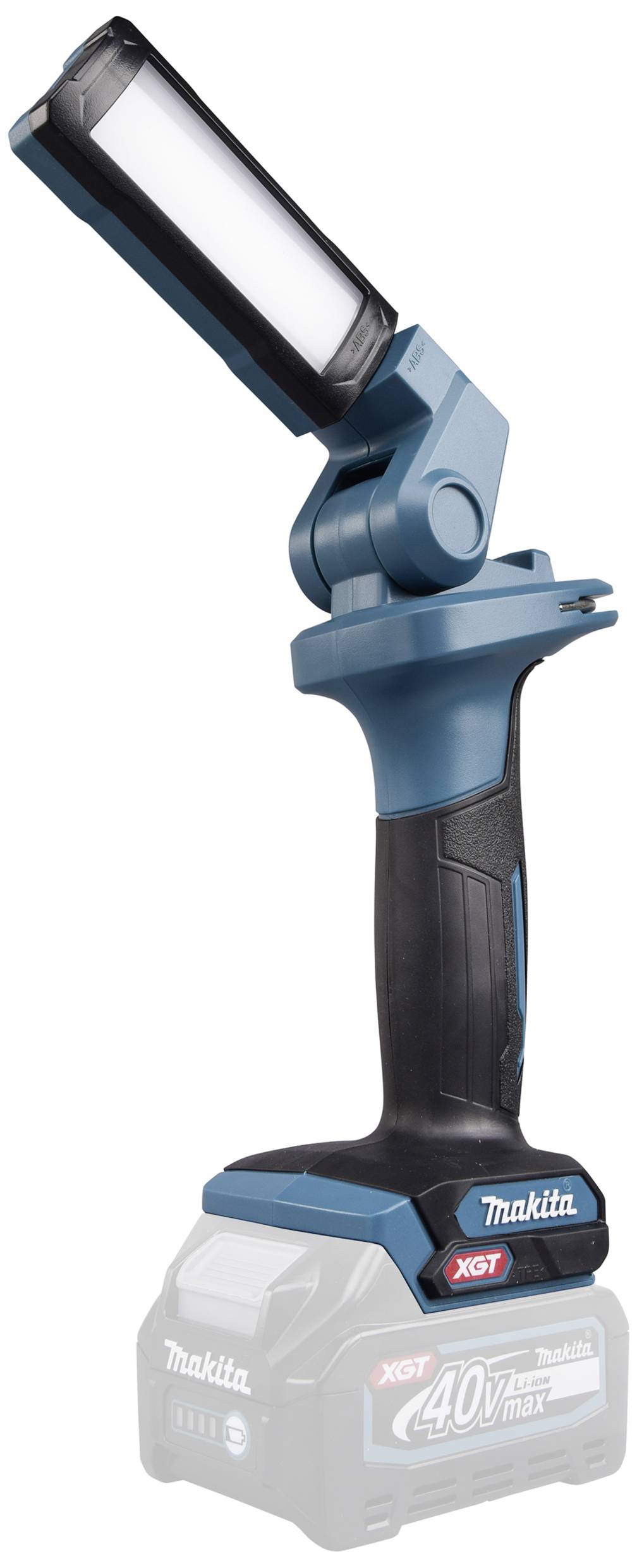 Ręczna lampa Makita w kolorze niebiesko-czarnym, stojąca pionowo na akumulatorze 40V.