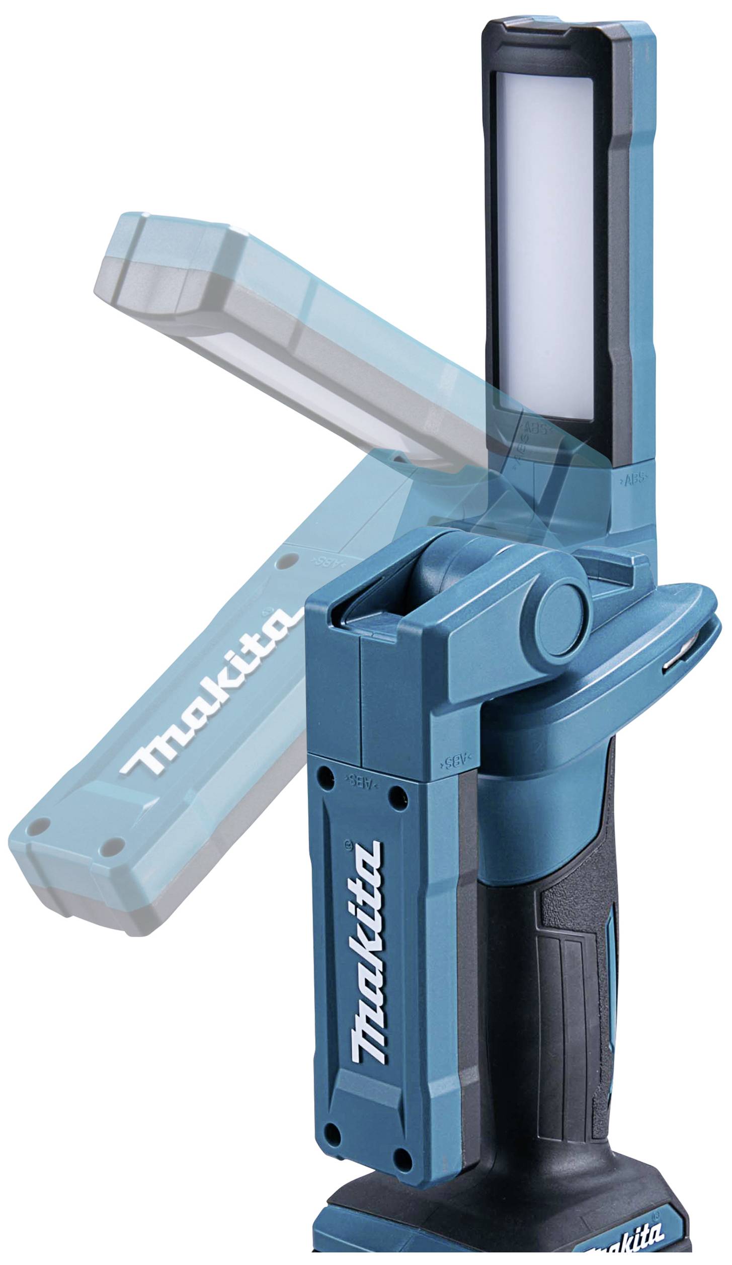 Niebieska, przenośna lampa robocza LED z obrotową głowicą, którą można ustawić pionowo lub pod kątem 90 stopni.