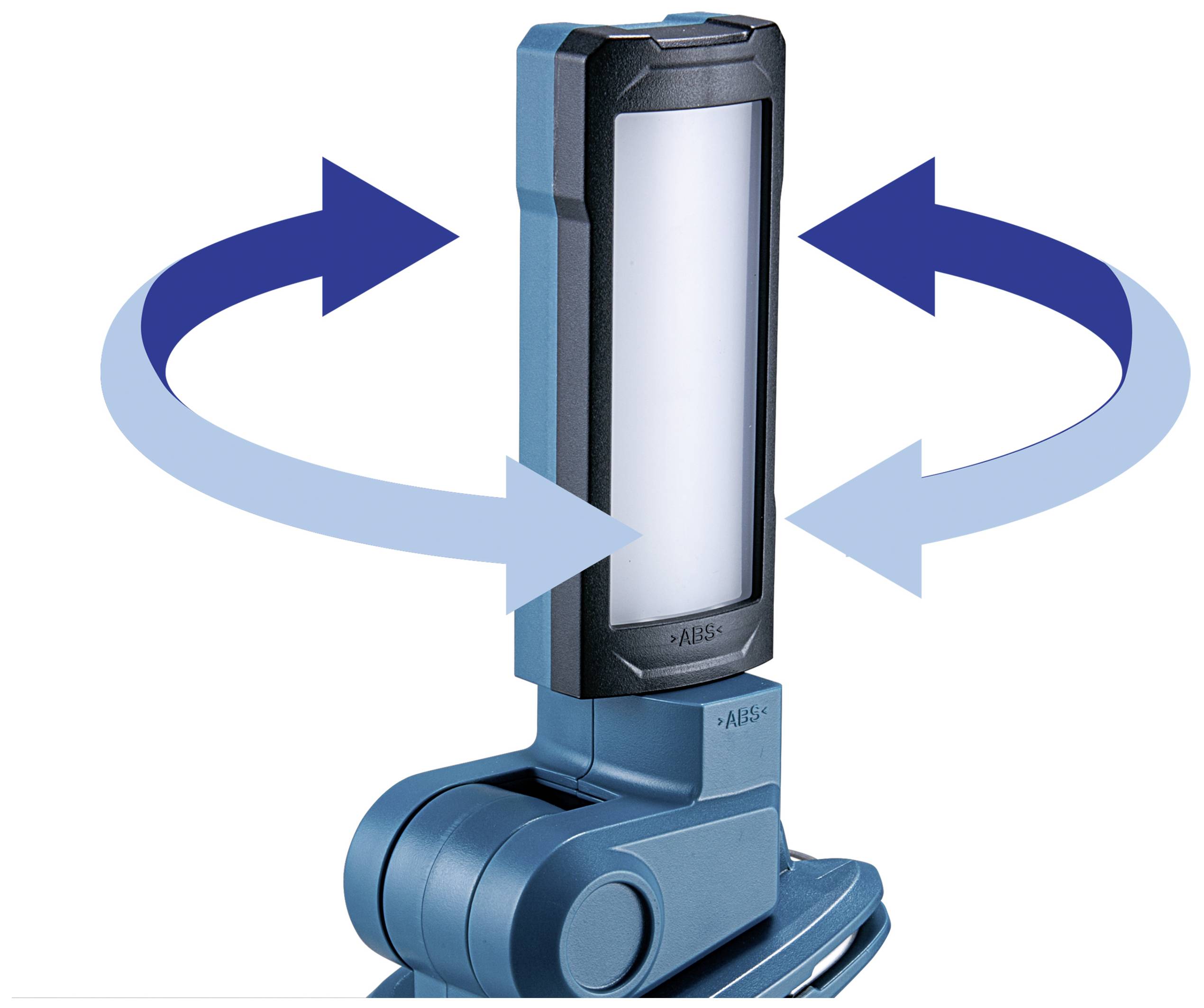 Przenośna lampa LED z obrotową głowicą i strzałkami wskazującymi kierunek ruchu.