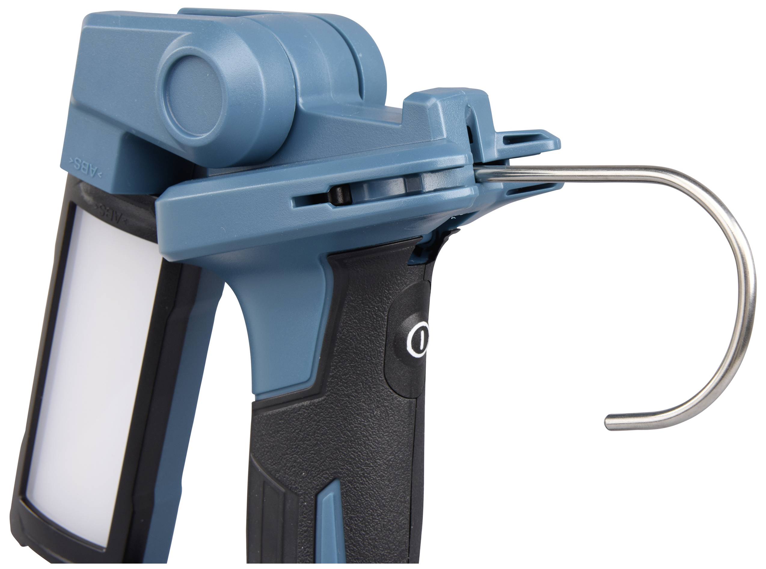 Akumulatorowa lampa robocza LED z hakiem na górze do zawieszenia, idealna do użytku w warsztatach lub na placach budowy.