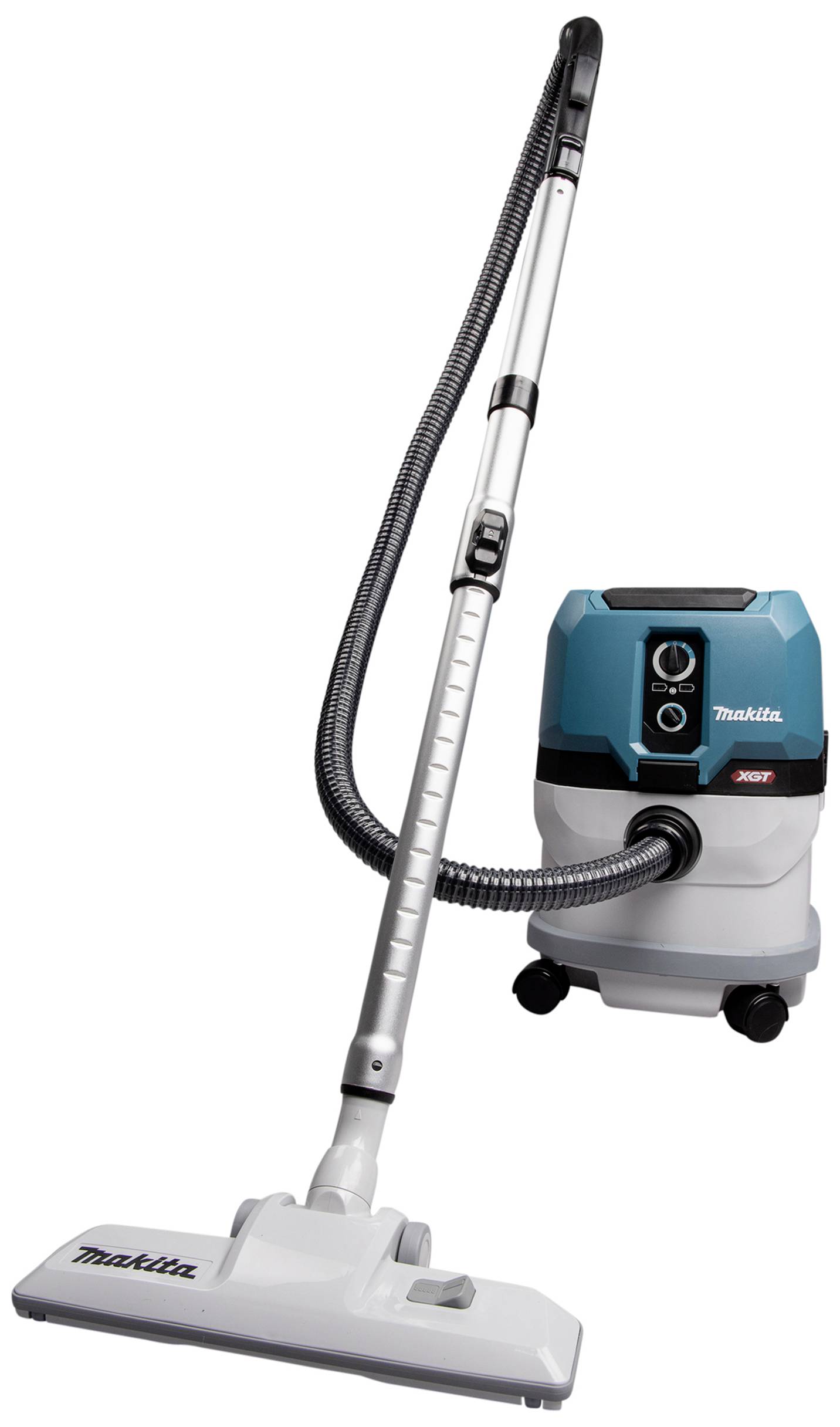 Przemysłowy odkurzacz na kółkach z długą rurą ssącą i niebieską górną pokrywą. Odpowiedni do sprzątania placów budowy.