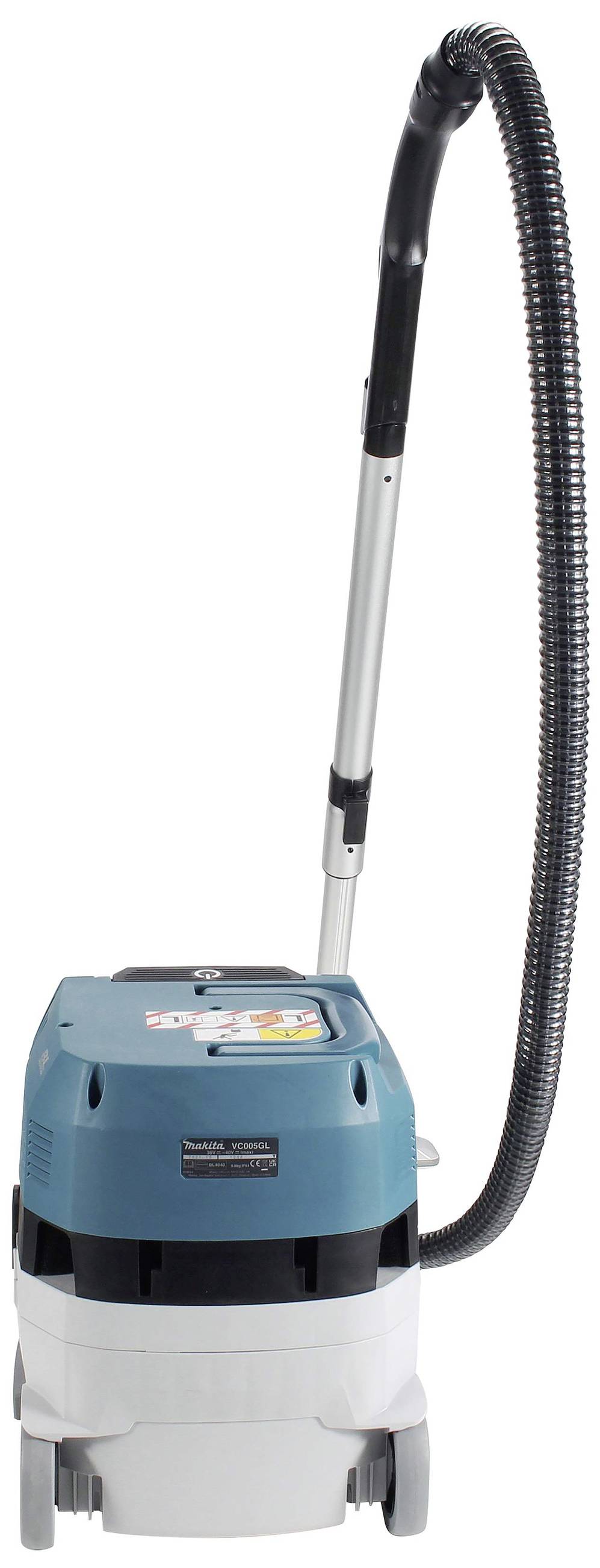 Przemysłowy odkurzacz z długim wężem, odpowiedni do ciężkich prac porządkowych, stoi pionowo na podłodze.