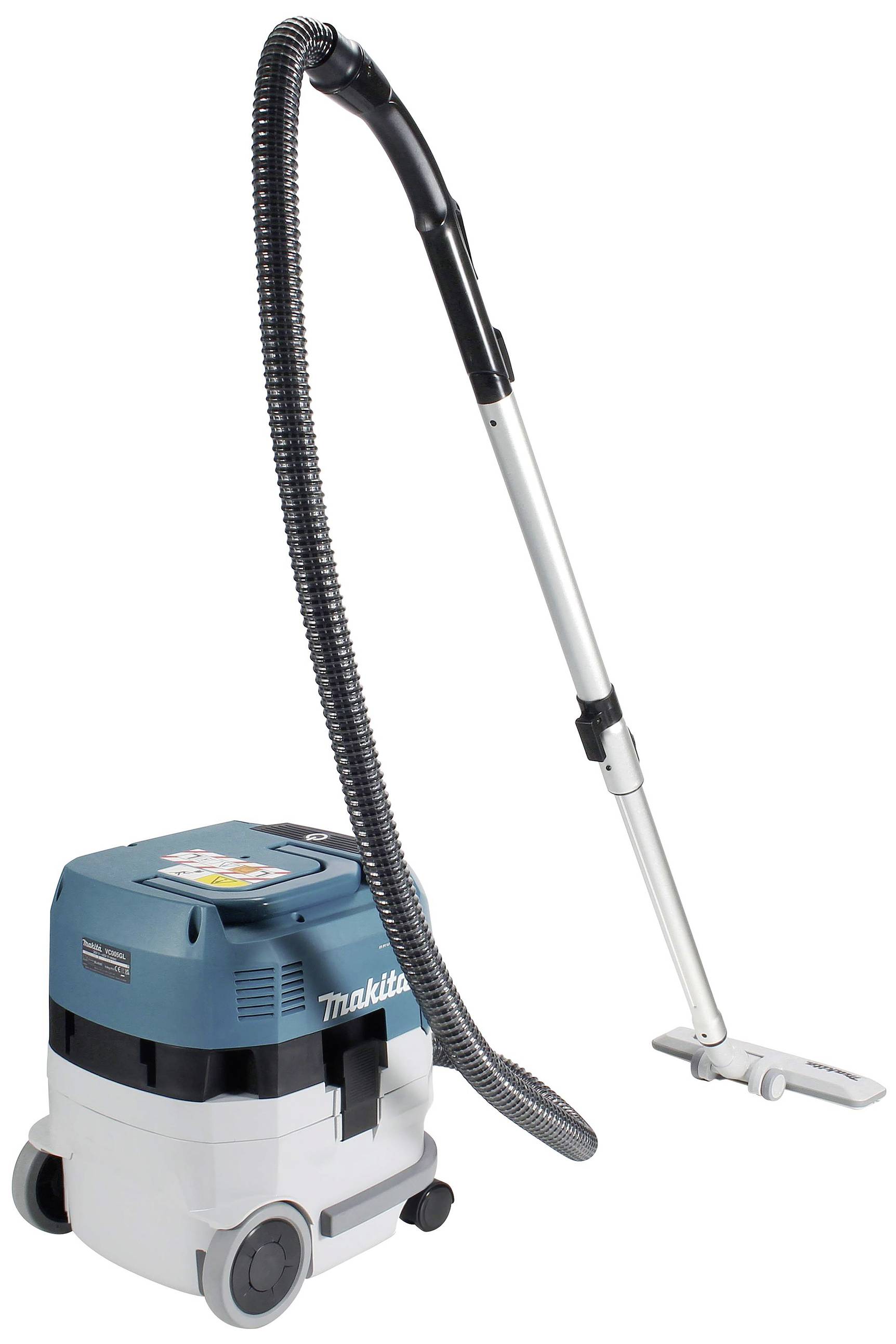 Niebieski i biały odkurzacz z długim czarnym wężem i srebrną rurą teleskopową, znajdujący się na jasnym tle.