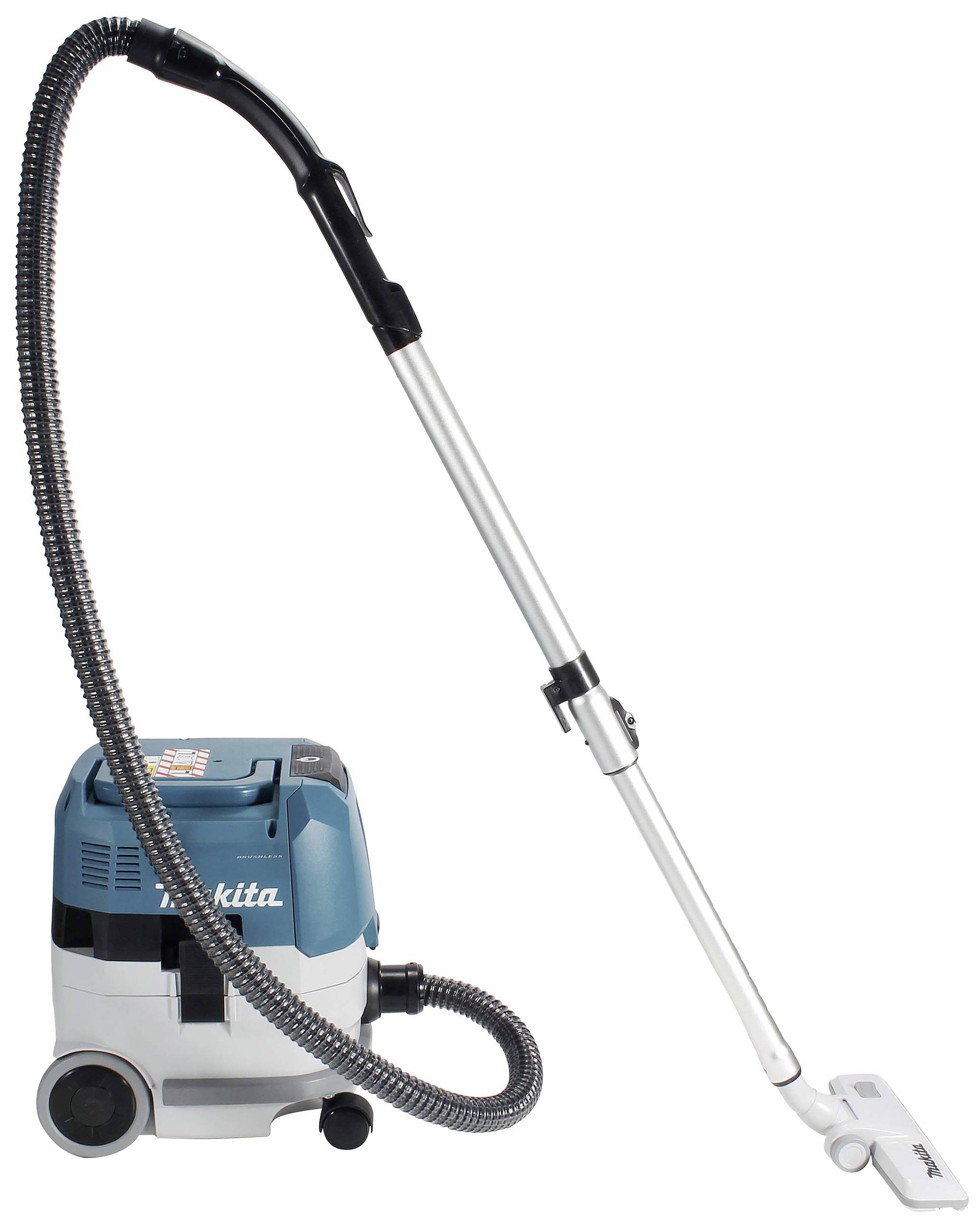 Niebieski odkurzacz z srebrną rurą teleskopową i elastycznym, prążkowanym wężem, na białym tle.