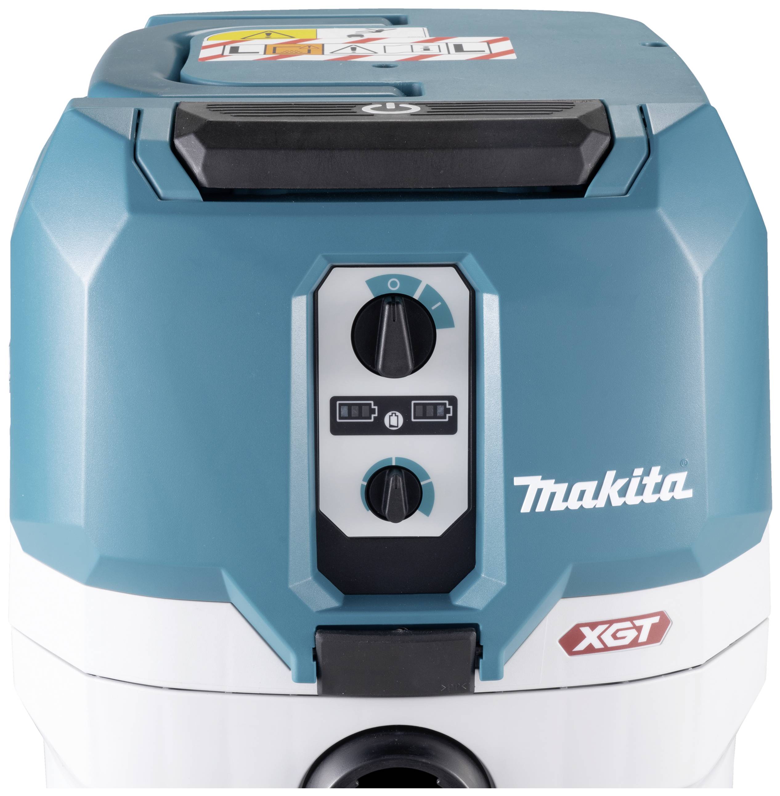 Przemysłowy odkurzacz Makita w kolorach niebieskim i białym z przyciskami sterującymi i logo XGT. Odpowiedni do ciężkich prac czyszczących.
