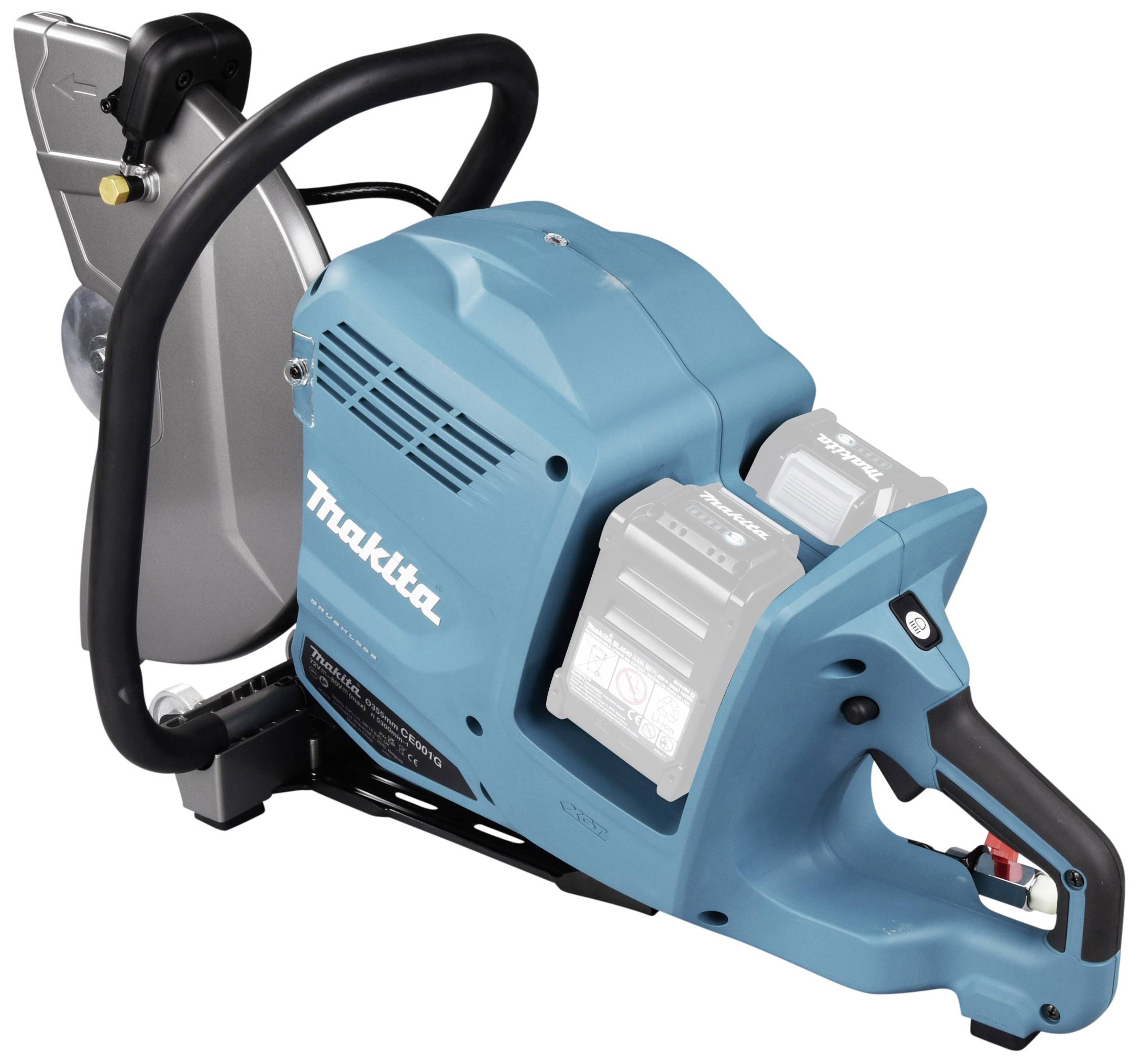 Przenośna ręczna pilarka tarczowa w kolorze niebieskim z ergonomicznym uchwytem i dwoma akumulatorami litowo-jonowymi. Pierwotnie opracowana do cięcia materiałów budowlanych.