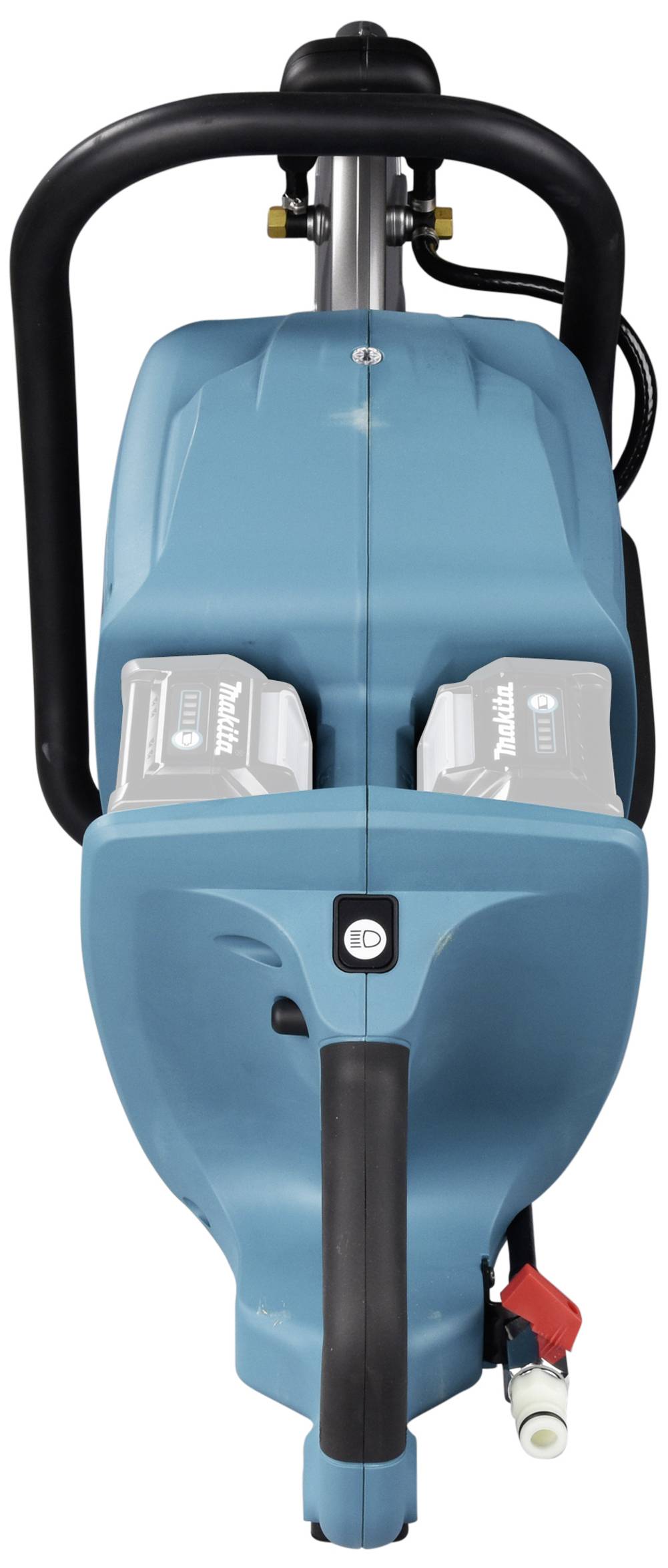 Niebieskie urządzenie zasilane akumulatorowo z dwoma bateriami i uchwytami, prawdopodobnie narzędzie do prac budowlanych lub ogrodowych.