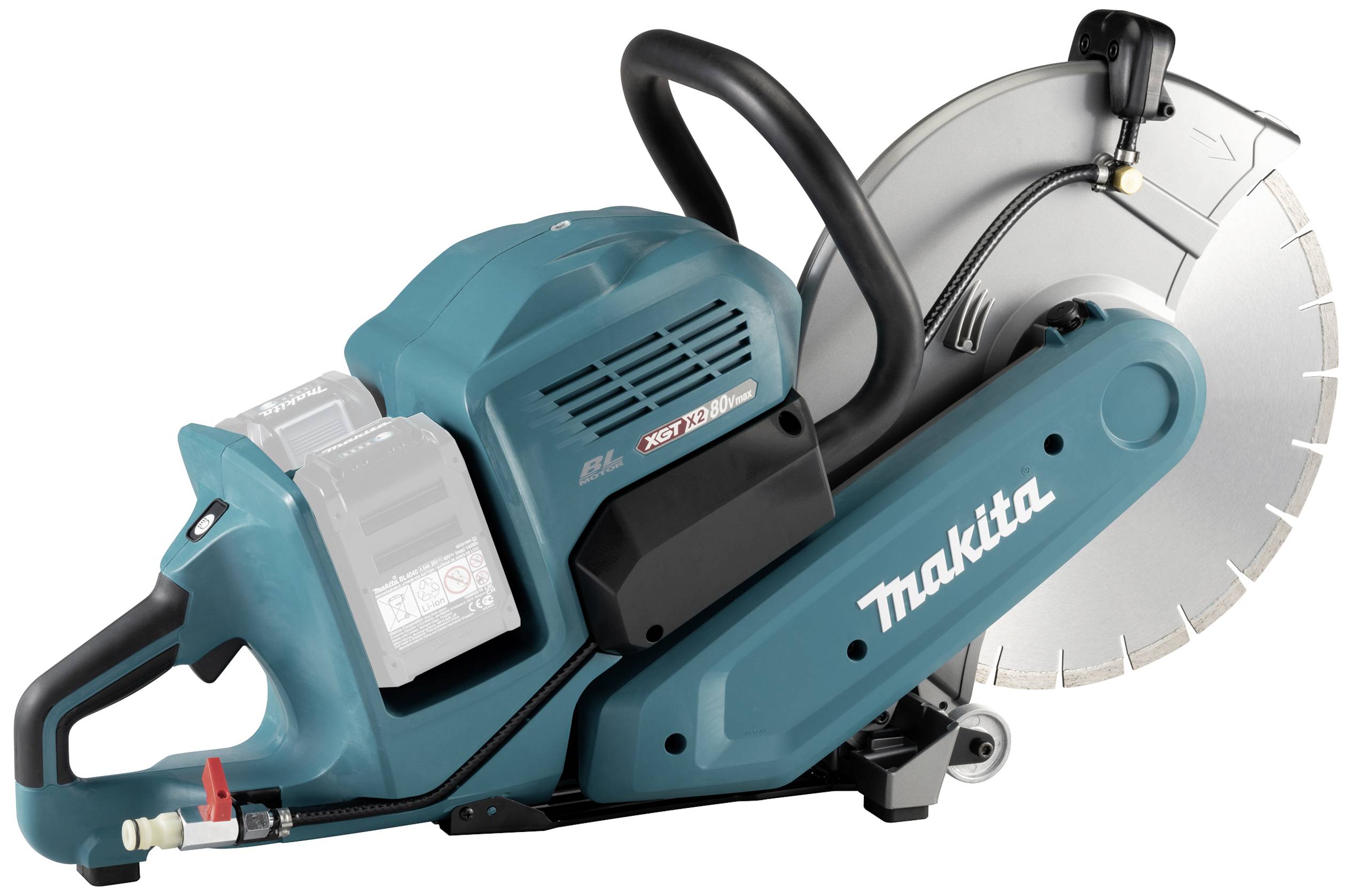 Akumulatorowa piła tarczowa Makita z dużą tarczą metalową i wytrzymałym uchwytem. Odpowiednia do precyzyjnego cięcia różnych materiałów.