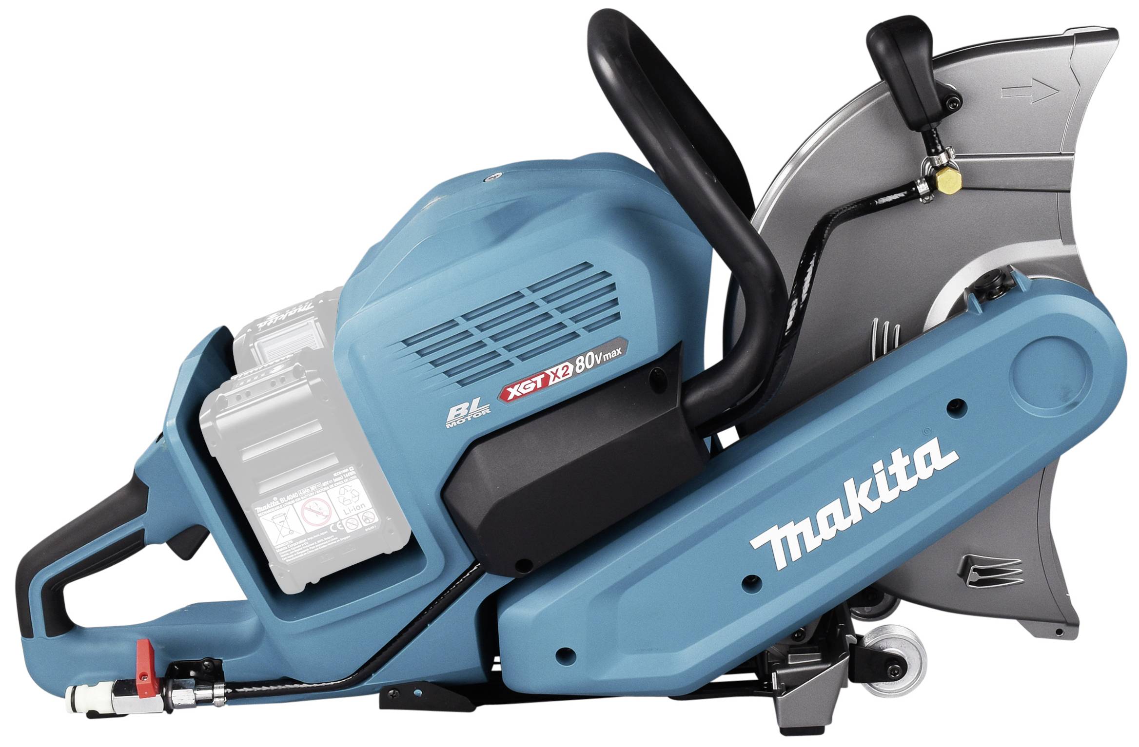 Niebieska, akumulatorowa piła rozdzielcza firmy Makita z dużą, okrągłą tarczą tnącą i złączami akumulatora, przeznaczona do prac budowlanych.