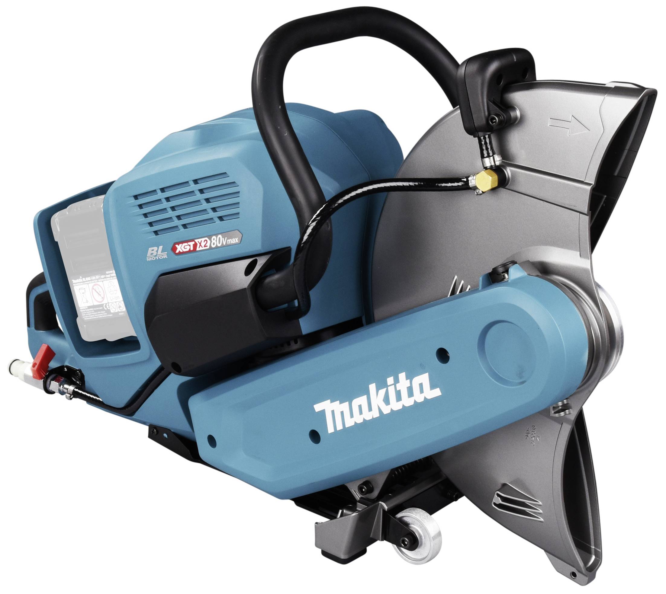 Elektryczna ręczna piła do cięcia w kolorze niebieskim z czarną rękojeścią. Odpowiednia do obróbki metalu i kamienia. Nazwa marki wyraźnie widoczna.