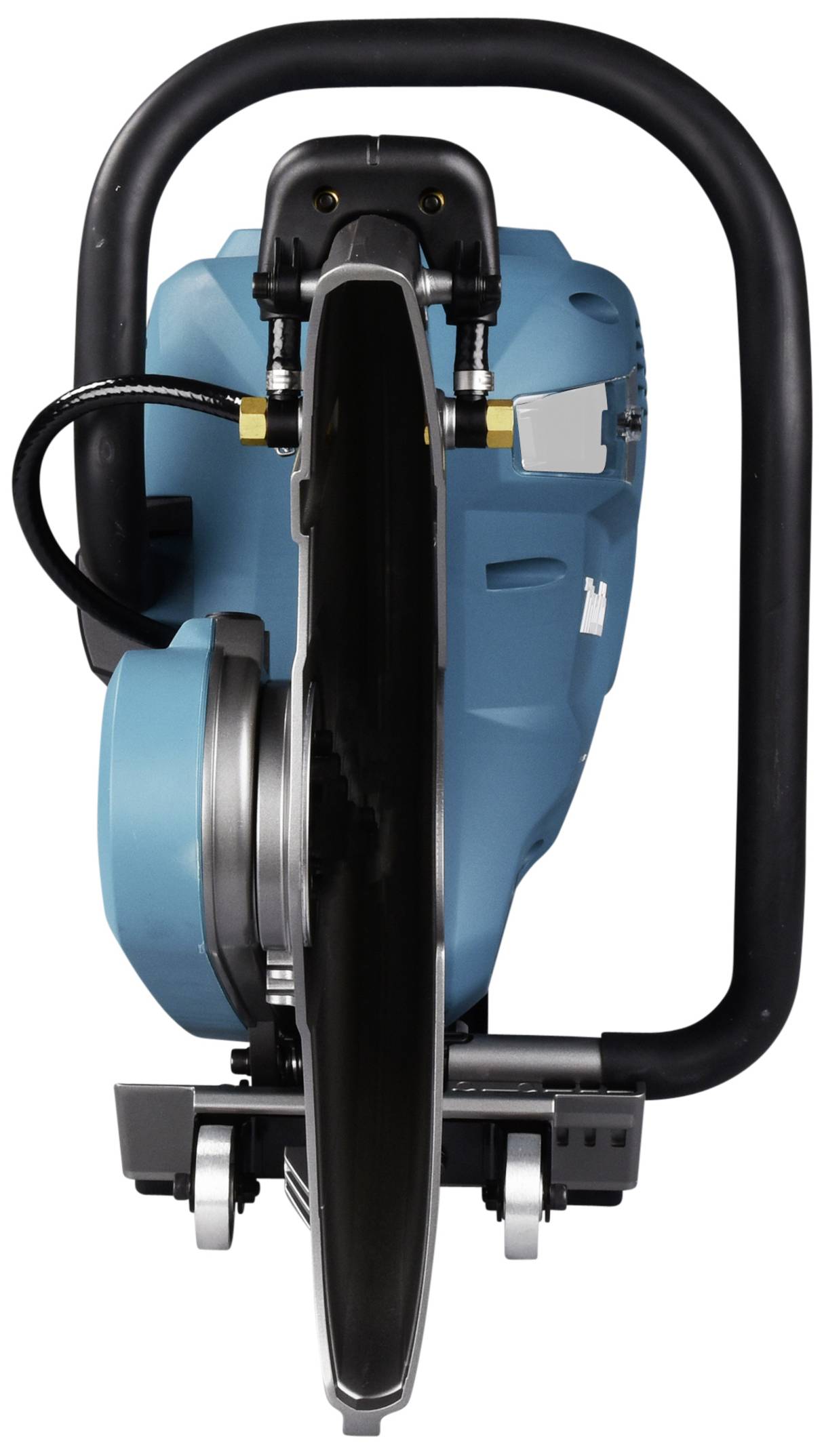 Elektryczne narzędzie ręczne w kolorze niebiesko-czarnym z okrągłą tarczą, widok z przodu.