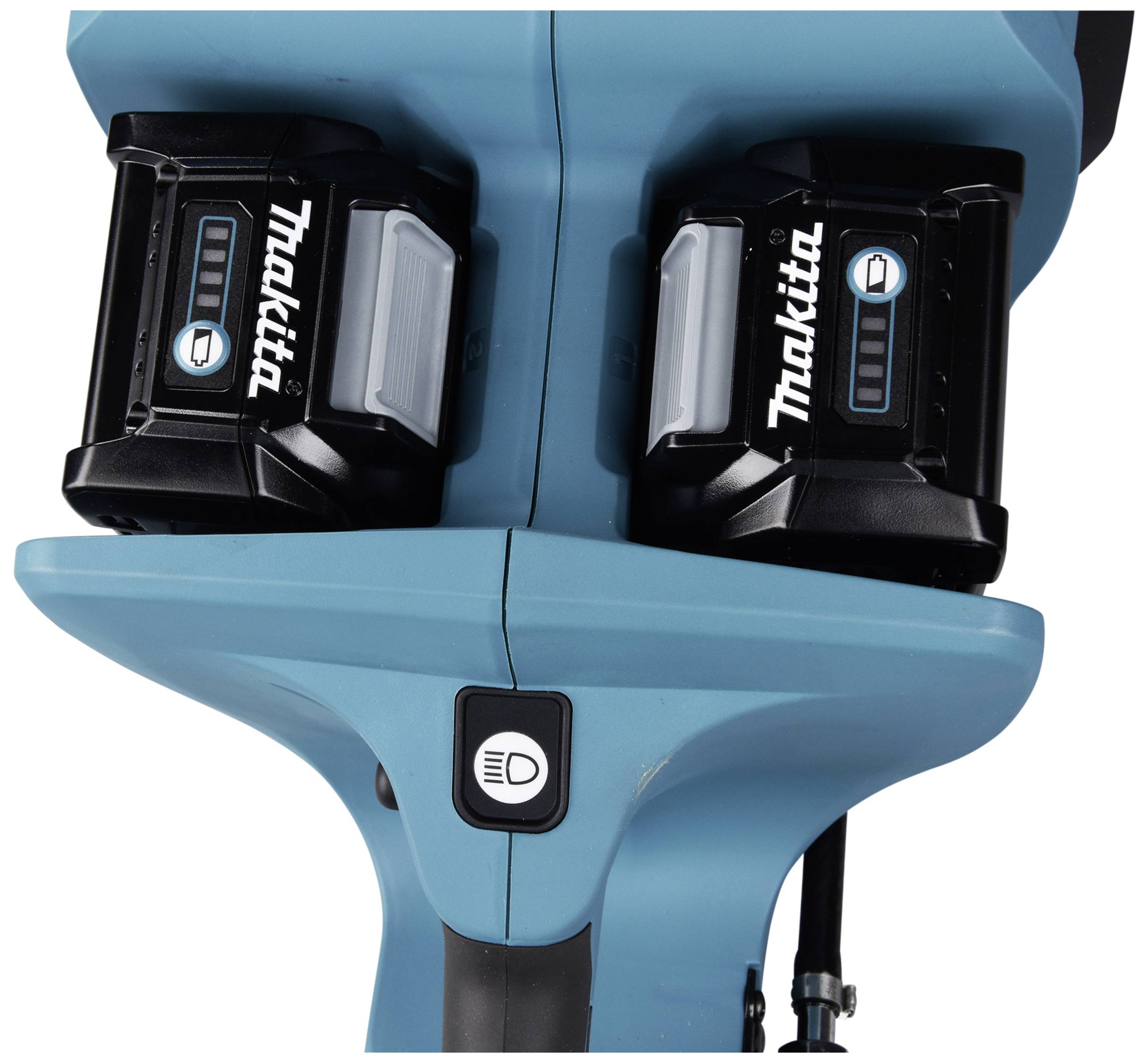 Dwie czarne baterie są włożone obok siebie w niebieskim urządzeniu. Pośrodku znajduje się wskaźnik świetlny.