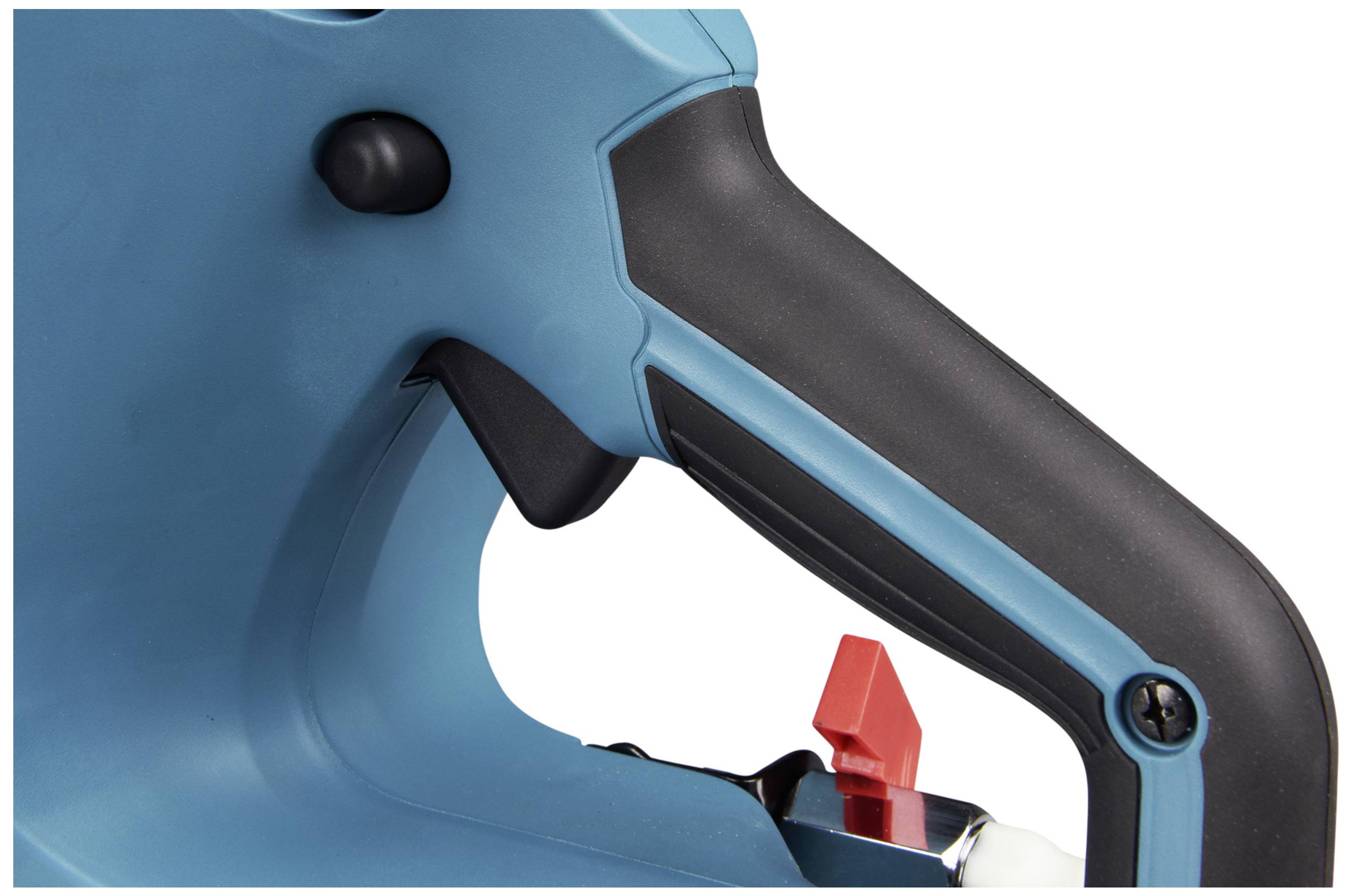 Zbliżenie narzędzia w kolorze niebieskim z czarną rączką i czerwonym przełącznikiem.