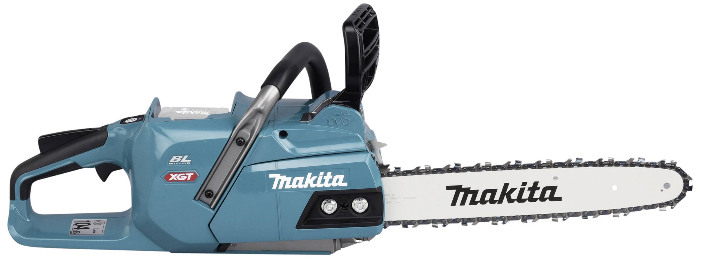 Niebieska elektryczna piła łańcuchowa marki Makita z długim mieczem i czarną rękojeścią, odpowiednia do prac w drewnie.