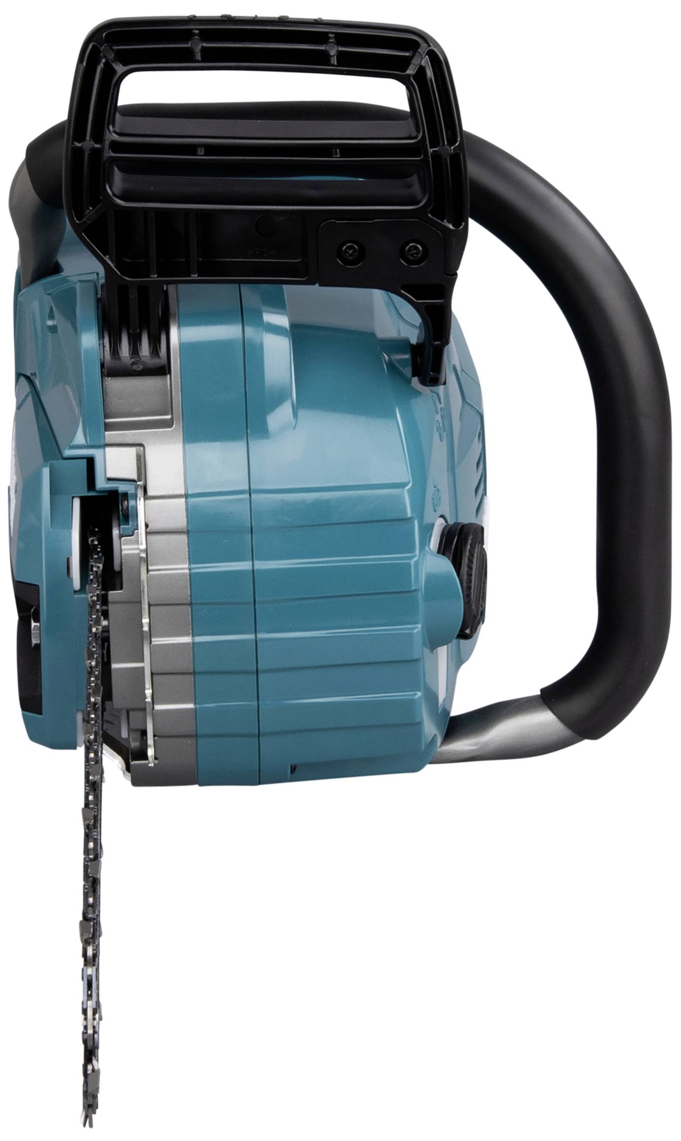 Akumulatorowa piła łańcuchowa widziana z boku, w kolorach czarnym i niebieskim. Odpowiednia do prac ogrodowych i pielęgnacji terenów zielonych.