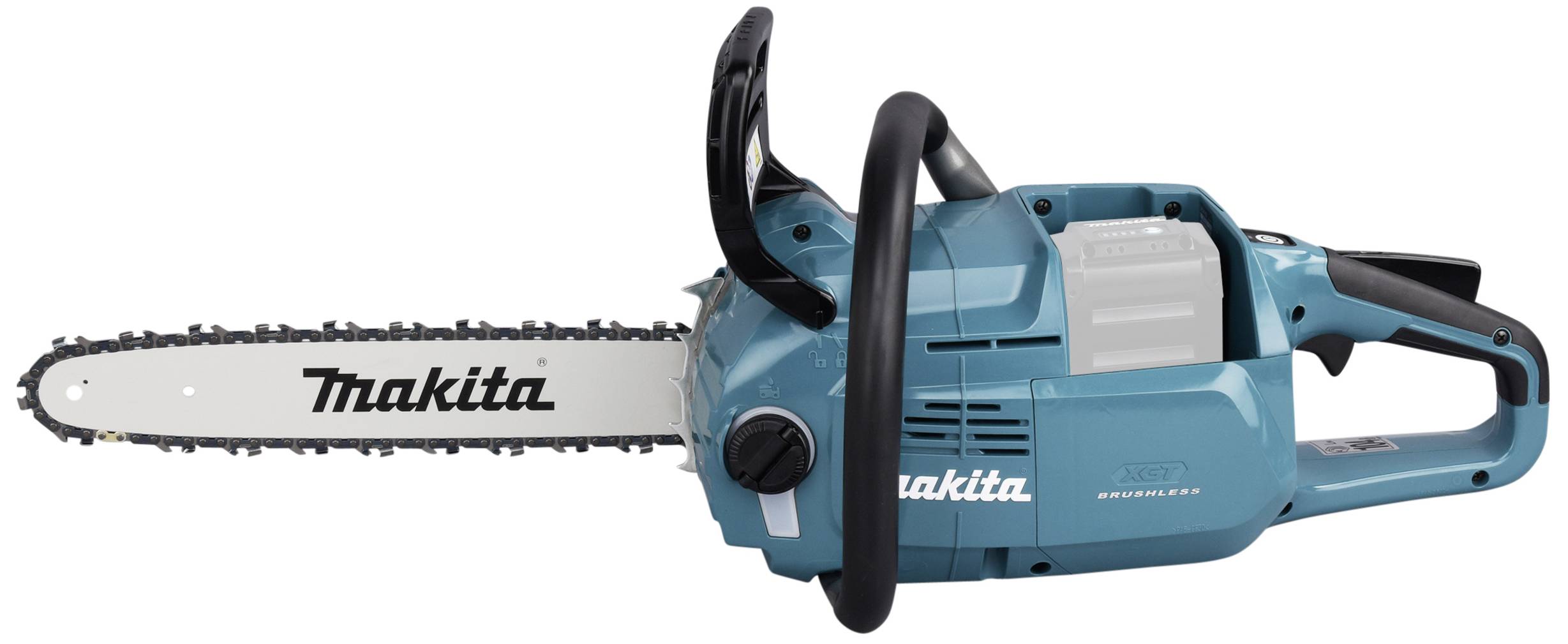 Akumulatorowa piła łańcuchowa Makita w kolorze niebieskim, sfotografowana z boku, z białą prowadnicą i czarnym łańcuchem.