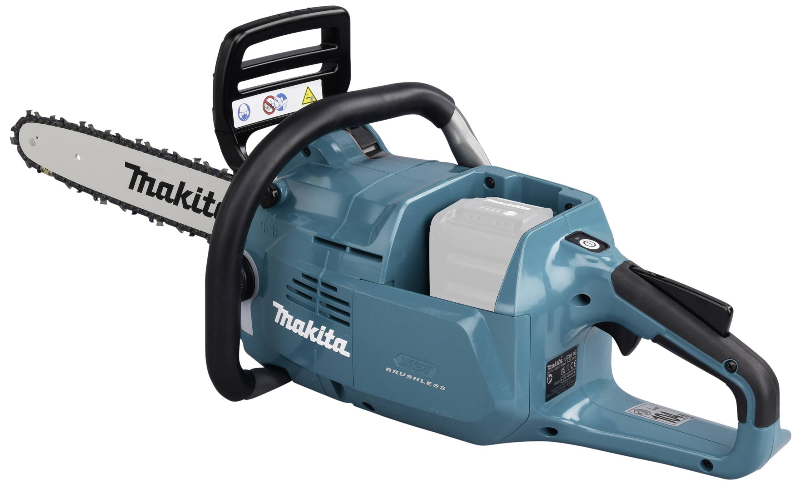 Akumulatorowa piła łańcuchowa w niebieskim kolorze z czarnym uchwytem i wąską prowadnicą. Odpowiednia do lekkich i średnich prac pilarskich.