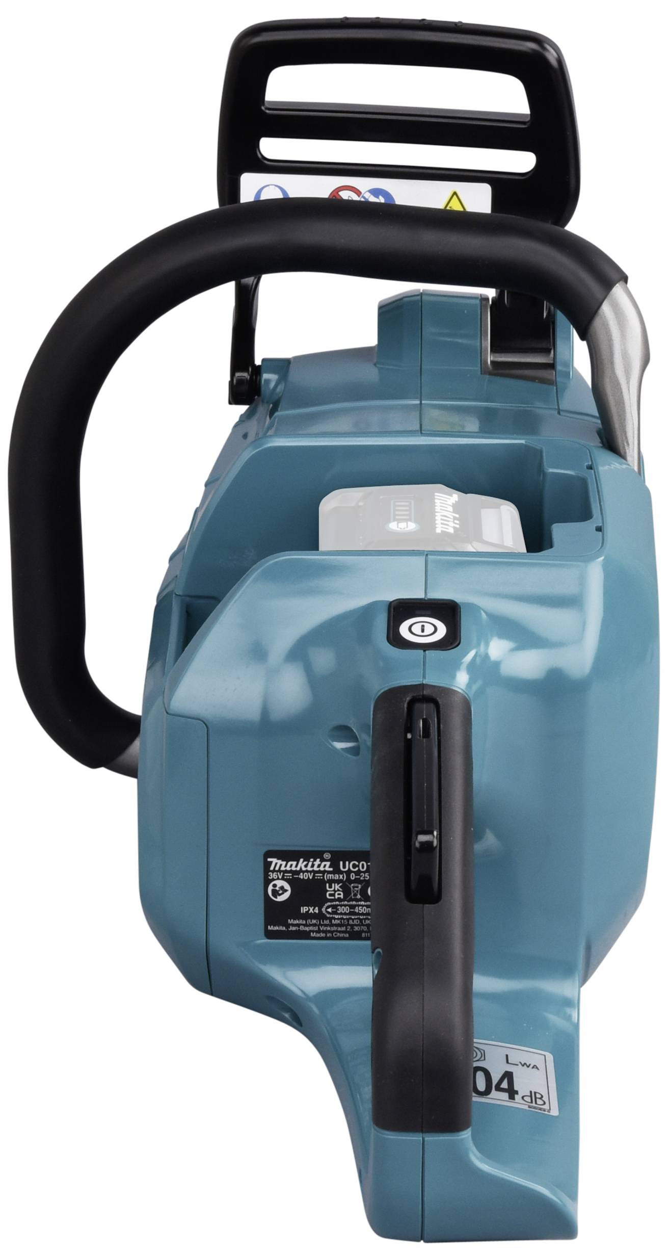 Niebieski elektryczny pilanr łańcuchowy widziany z góry, ukazujący uchwyt i naklejkę bezpieczeństwa.