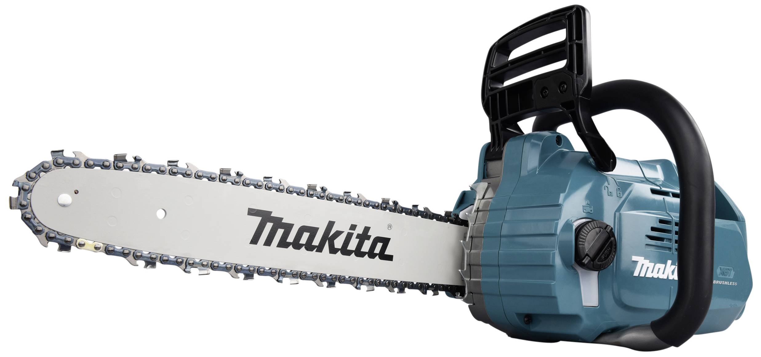 Niebieska piła łańcuchowa z czarnym uchwytem i srebrnym łańcuchem. Nazwa marki 'Makita' na szynie.