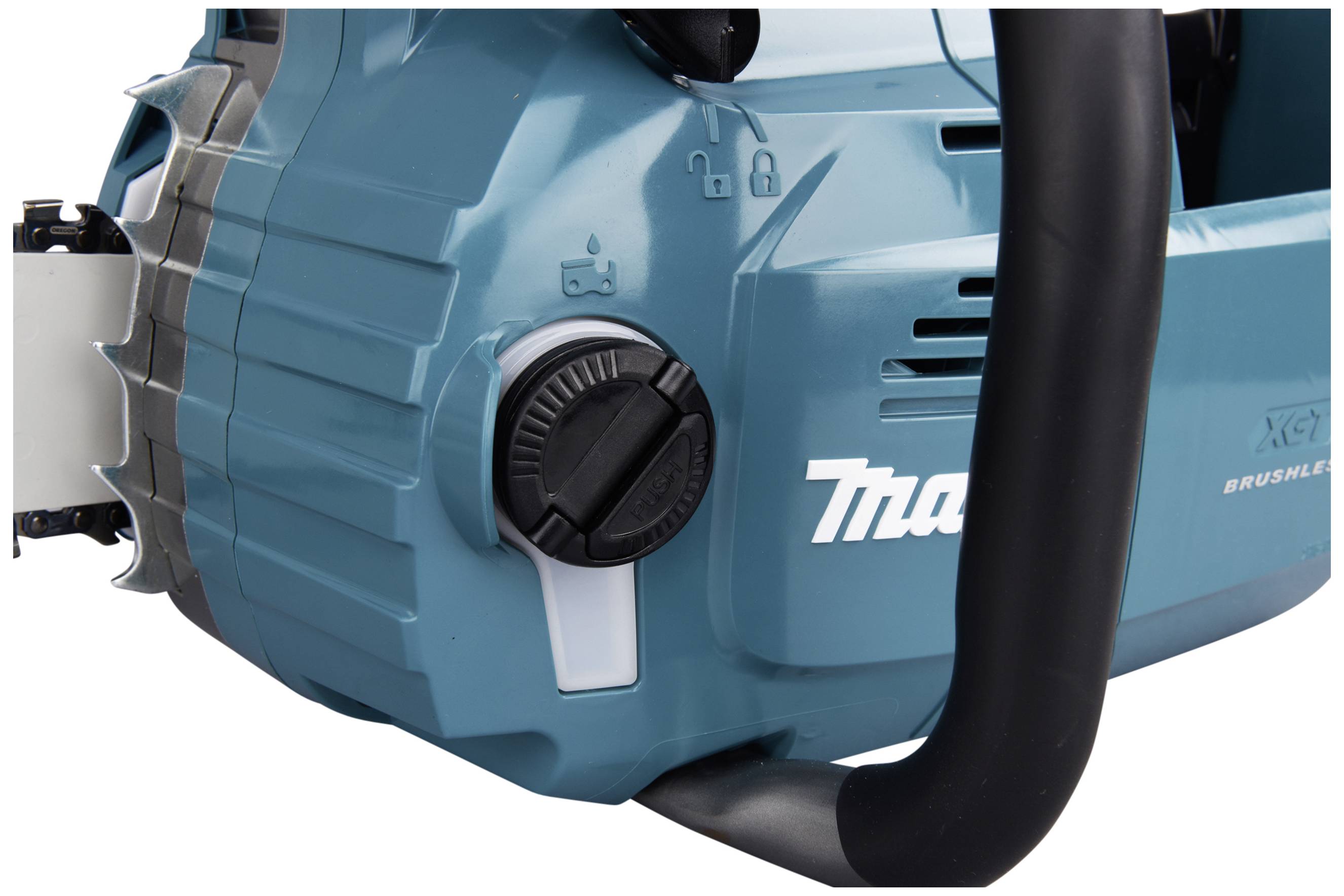 Elektryczna piła łańcuchowa w kolorze turkusowym z czarnym uchwytem, centralnym pokrętłem i symbolami bezpieczeństwa.