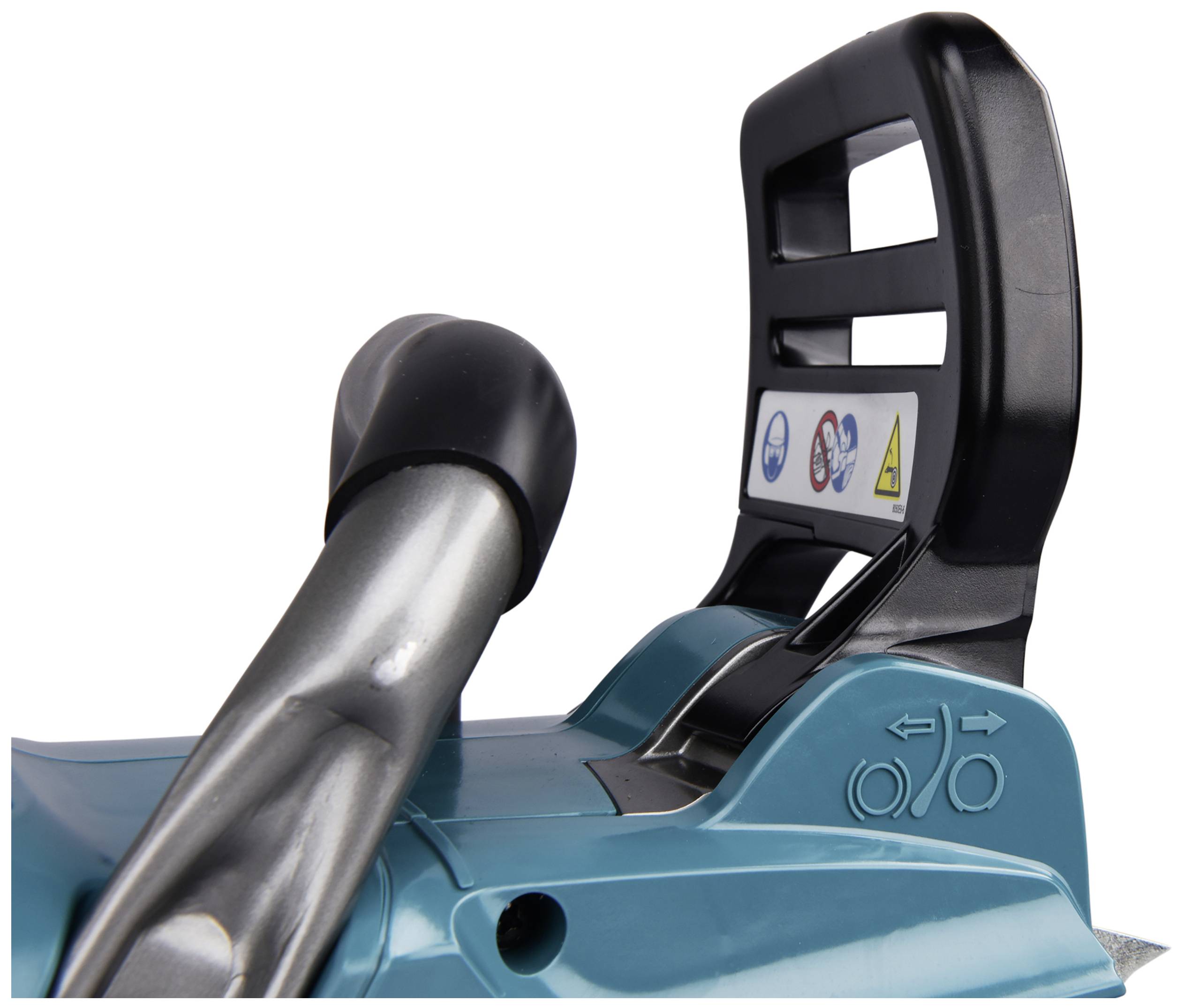 Zbliżenie fragmentu niebieskiej maszyny z czarną рукояткą i naklejkami ostrzegawczymi.