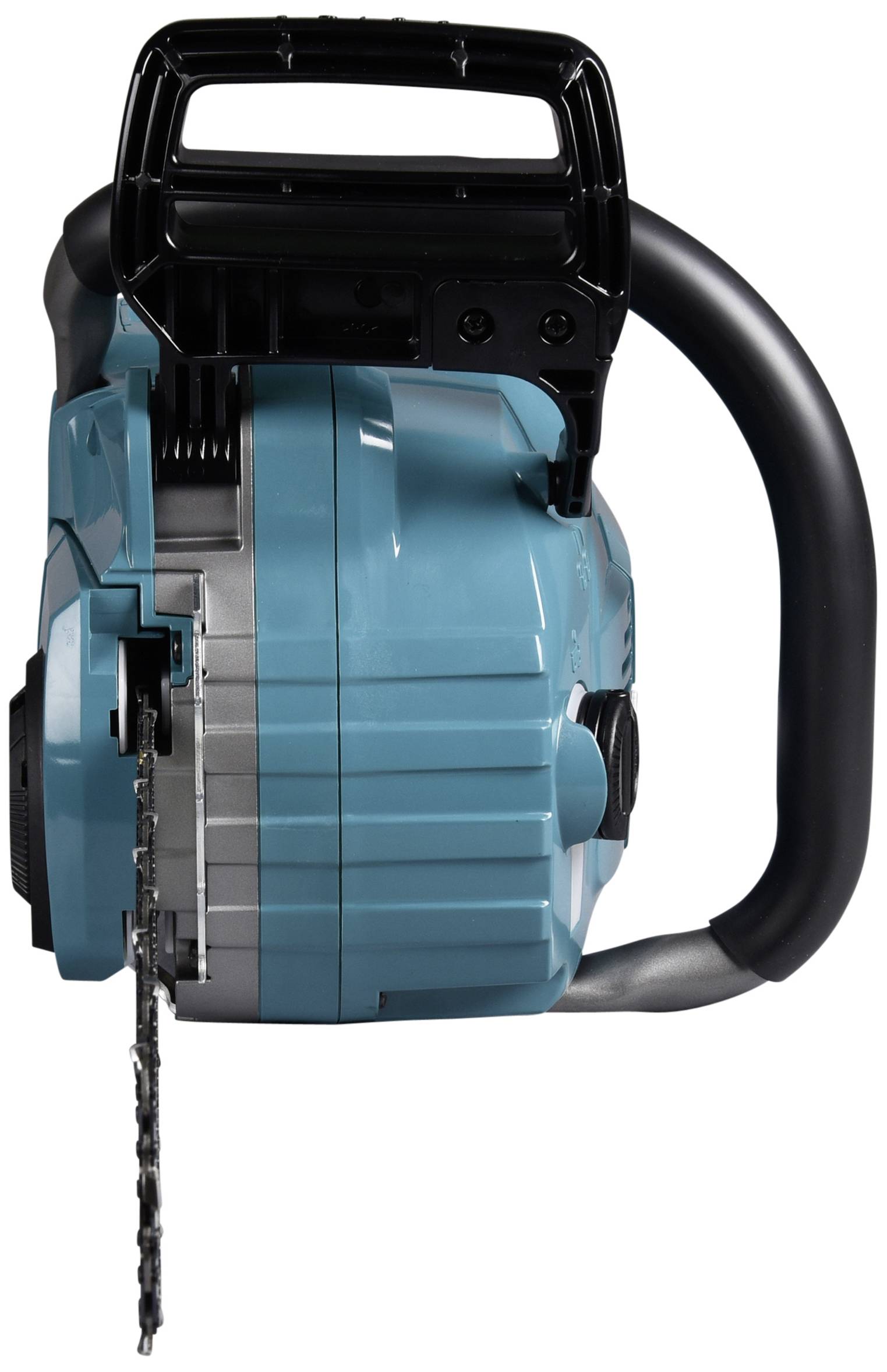 Piła łańcuchowa zasilana akumulatorem, widok z przodu. Obudowa w kolorze niebiesko-czarnym, z widocznym łańcuchem po lewej stronie i czarną rękojeścią u góry.