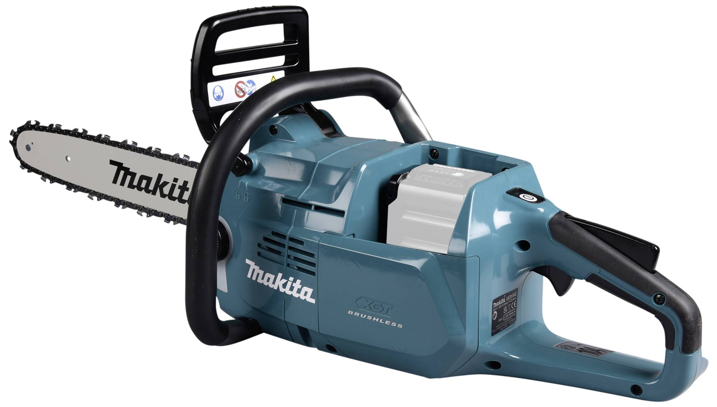 Niebieska elektryczna piła łańcuchowa marki 'Makita' z czarnym uchwytem, sfotografowana na białym tle. Jest przeznaczona do prac przy drewnie.