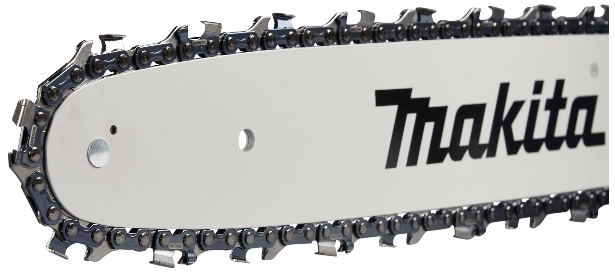 Piła łańcuchowa z logo 'Makita' na szynie.