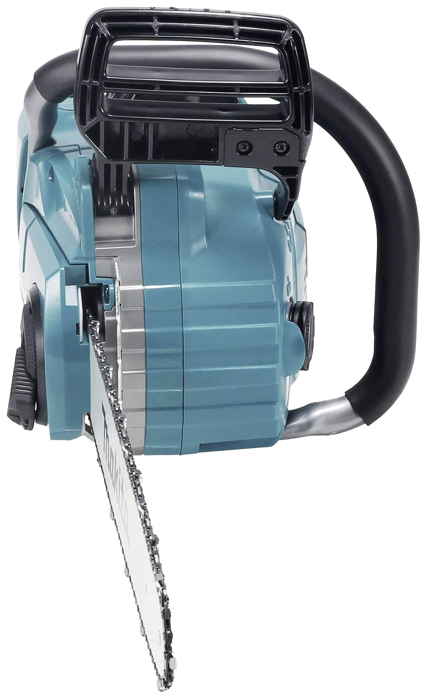 Elektryczna piła łańcuchowa w kolorze morskim, sfotografowana od tyłu; widoczny uchwyt i mechanizm łańcucha. Głównie przydatna w obróbce drewna.