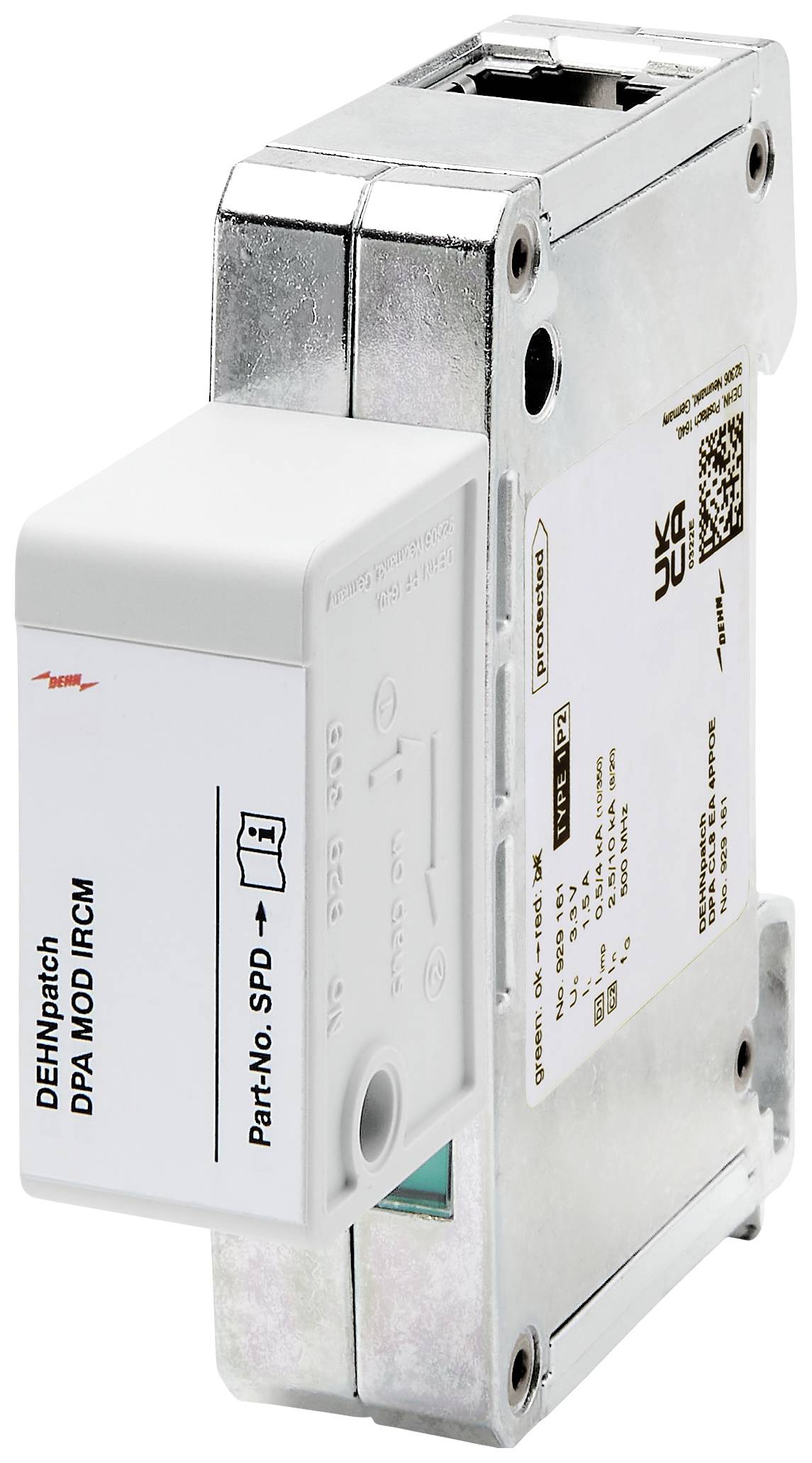 Urządzenie ochrony przeciwprzepięciowej Ethernet 'DEHNpatch DPA MOD' wykonane z metalu z elementami z tworzywa sztucznego, przeznaczone do montażu na szynie DIN.