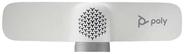 Biała kamera internetowa z logo 'poly' po prawej stronie i wzorem siatki pośrodku.