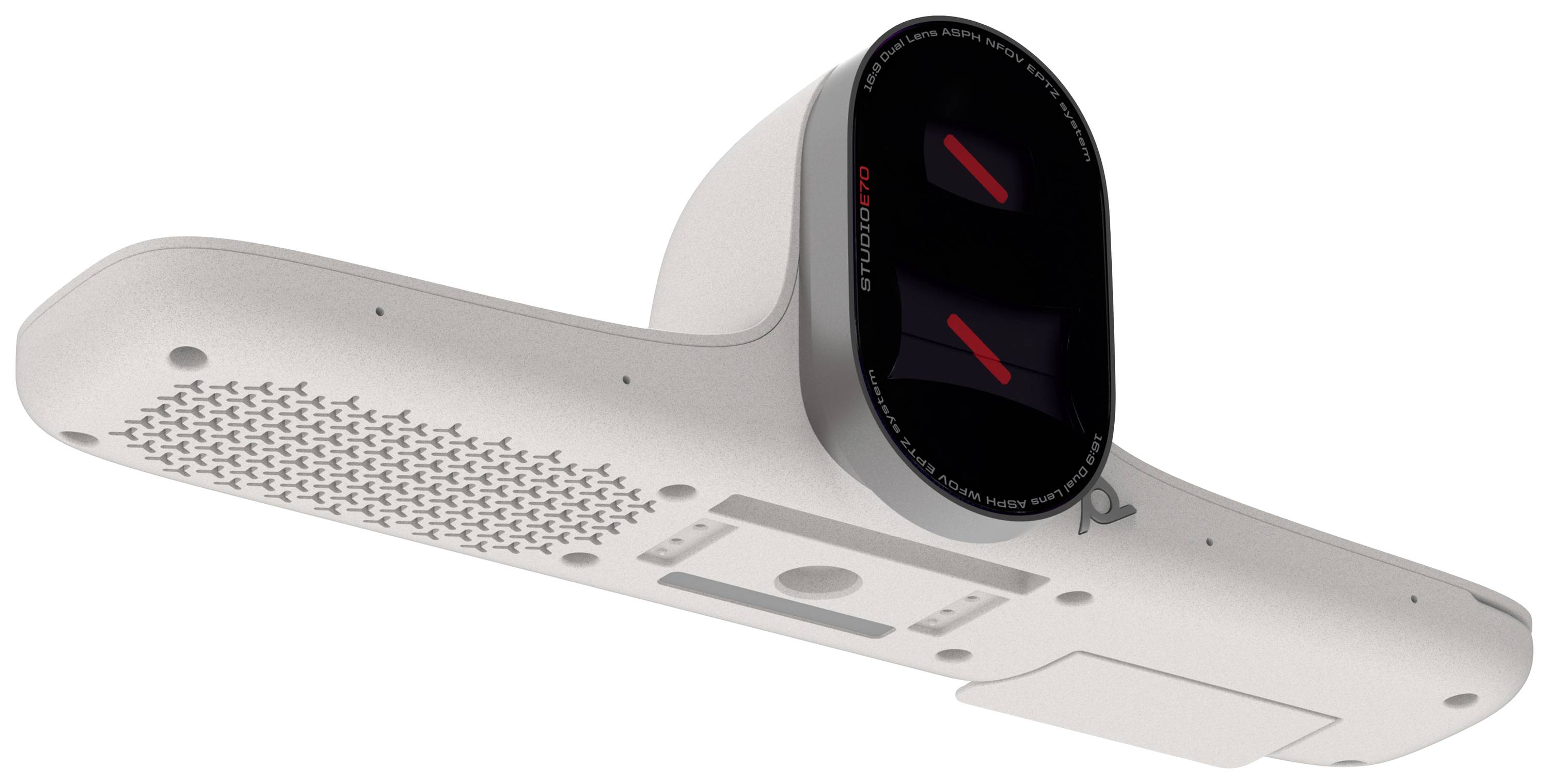 Biała, prostokątna kamera 3D z dwoma czarnymi obiektywami na zaokrąglonej przedniej części. Leży na plecach, widok od spodu.