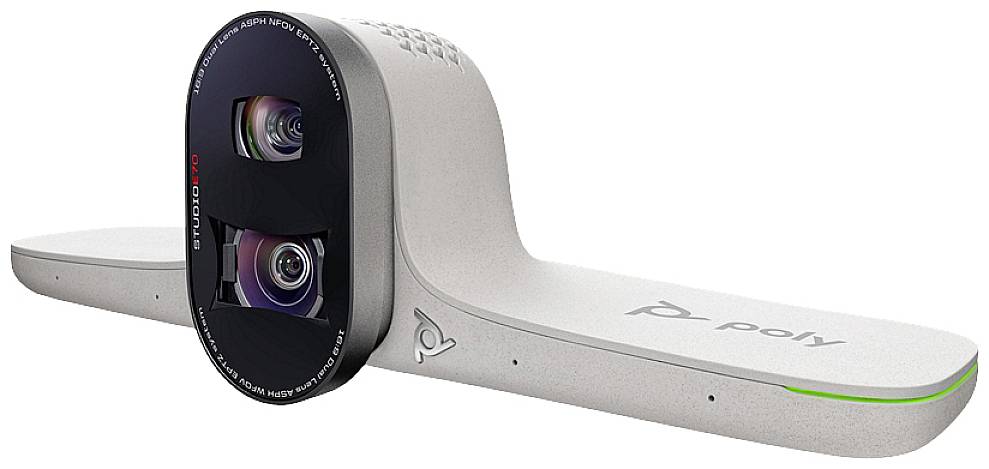 Kamera do wideokonferencji 'Poly Studio E70' z podwójnym obiektywem, w kolorze szarym, o prostokątnym kształcie, z zielonym podświetleniem na prawym brzegu, przeznaczona do sal konferencyjnych.