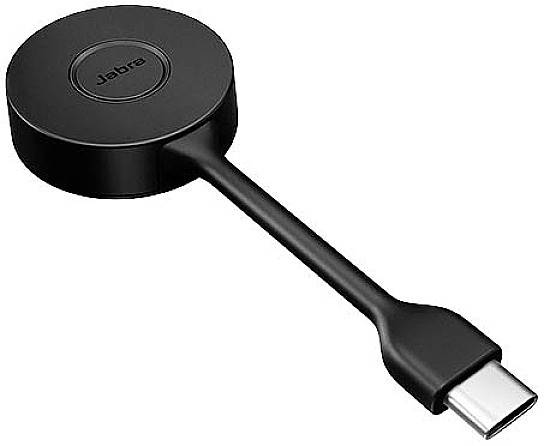 Czarny kabel USB-C z okrągłą obudową. Marka 'Jabra' widoczna na obudowie. Odpowiedni do podłączania urządzeń.