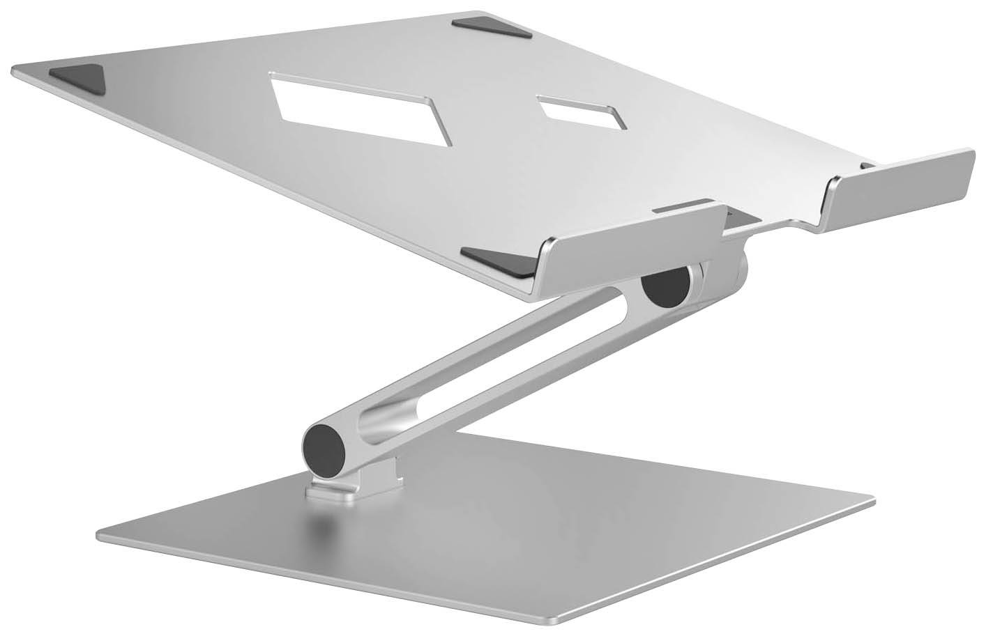 Srebrny, metalowy stojak na laptopa o prostokątnym kształcie z regulowanym kątem nachylenia. Idealny do ergonomicznej pracy.