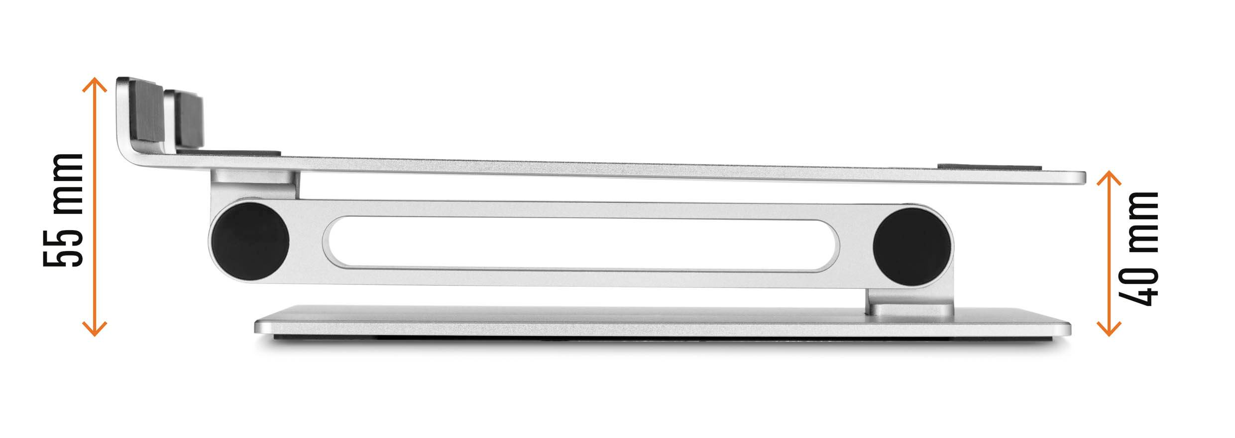 Widok z boku podstawki pod laptopa z dwoma wysokościami: 55 mm i 40 mm.