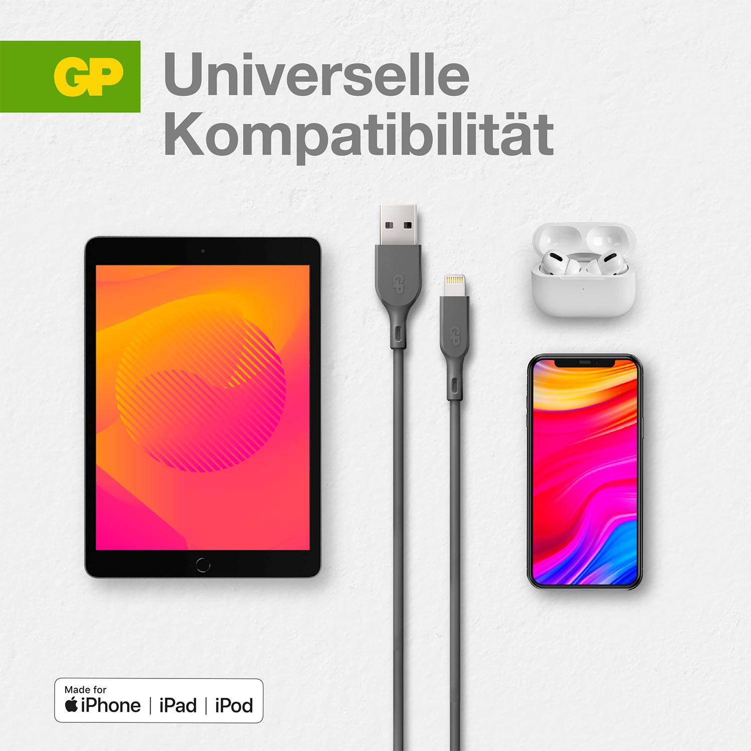 Tablet, kabel Lightning i AirPods na białym tle. Tekst: 'Kompatybilność uniwersalna'. Uwaga: 'Przeznaczone dla iPhone'a, iPada, iPoda'.