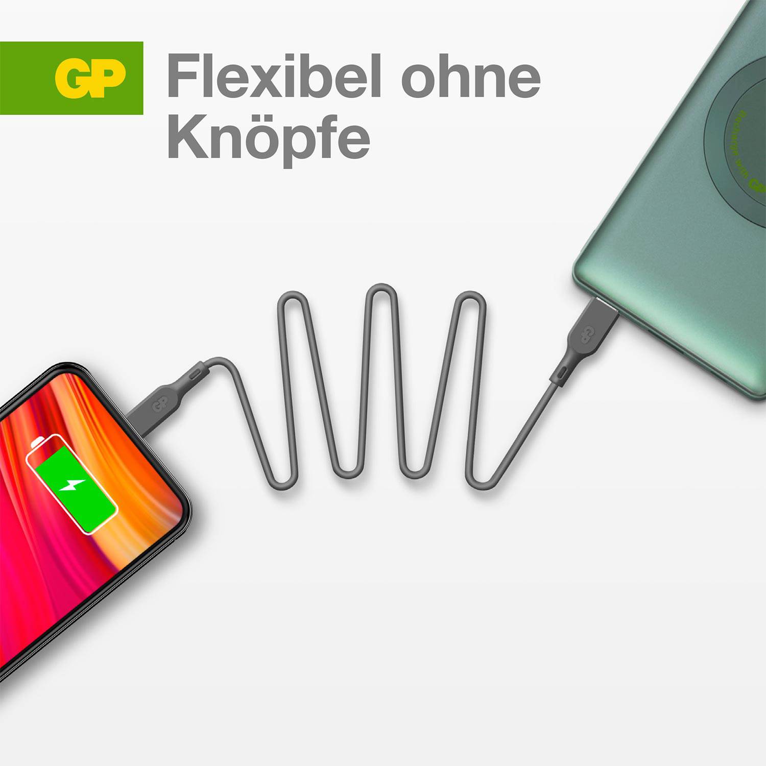 Smartfon jest ładowany bezprzewodowo za pomocą kabla skręconego spiralnie. Na górze widnieje napis 'Elastyczny bez guzików'.