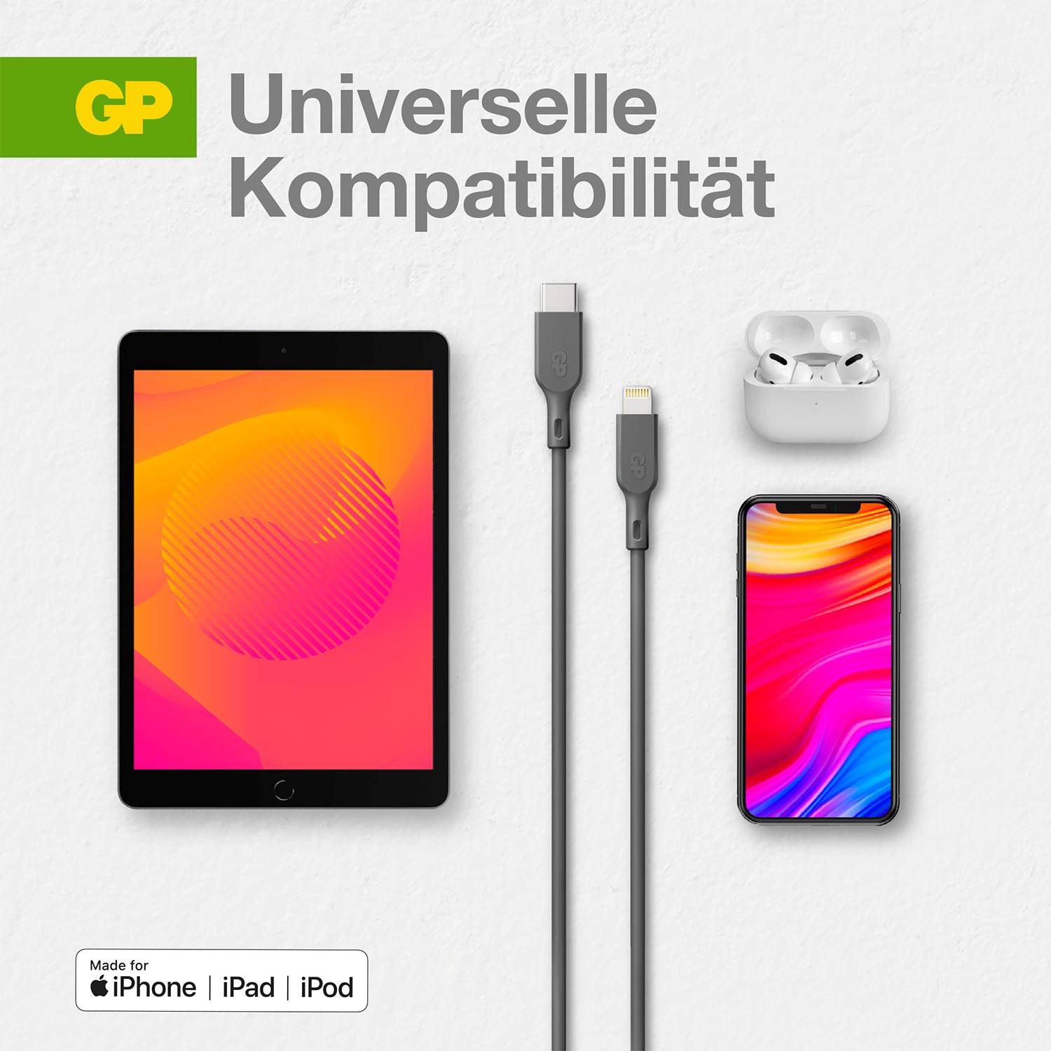 Tablety, Smartfon, Słuchawki, Kabel; Tekst 'Uniwersalna kompatybilność', Logo, Informacja 'Przeznaczone dla iPhone'a, iPada, iPoda'.
