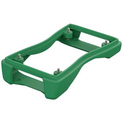 Zielony plastikowy stelaż z metalowymi złączami w narożnikach, prawdopodobnie używany jako uchwyt lub obudowa.
