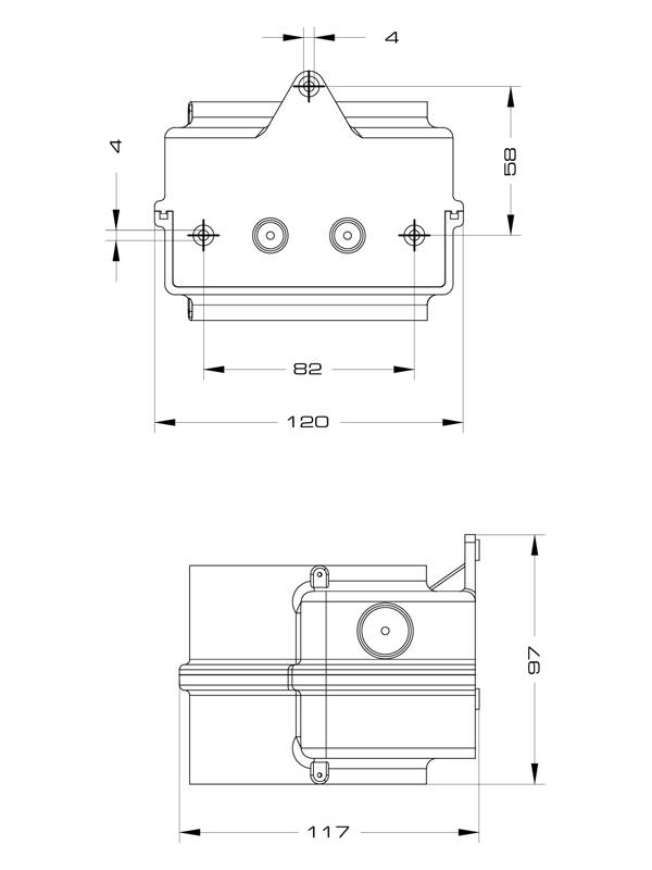 Rysunek techniczny urządzenia z widokiem z przodu i z boku. Wymiary: 120 mm szerokości, 58 mm wysokości z przodu; 117 mm głębokości z boku.