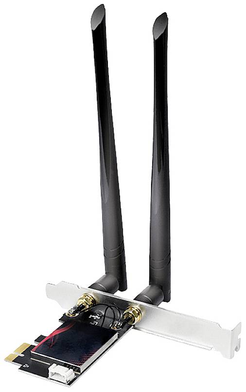 Karta sieciowa z dwiema zdejmowanymi antenami zamontowanymi na metalowym uchwycie. Zapewnia bezprzewodową łączność dla komputerów PC.