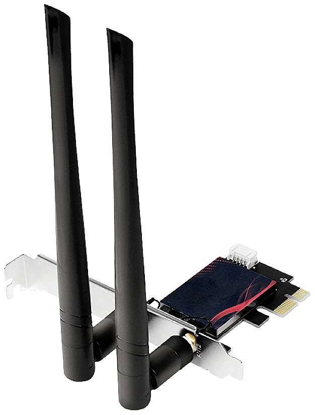 Karta PCIe WLAN z dwoma antenami poprawiająca łączność bezprzewodową w komputerze.