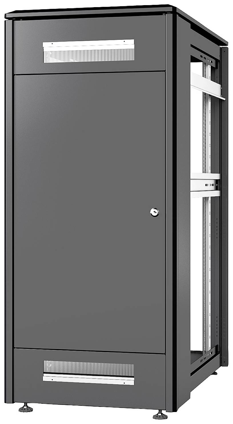 Szary szafka serwerowa z zamkniętymi drzwiami, otworami wentylacyjnymi u góry i u dołu oraz stopkami zapewniającymi stabilność.