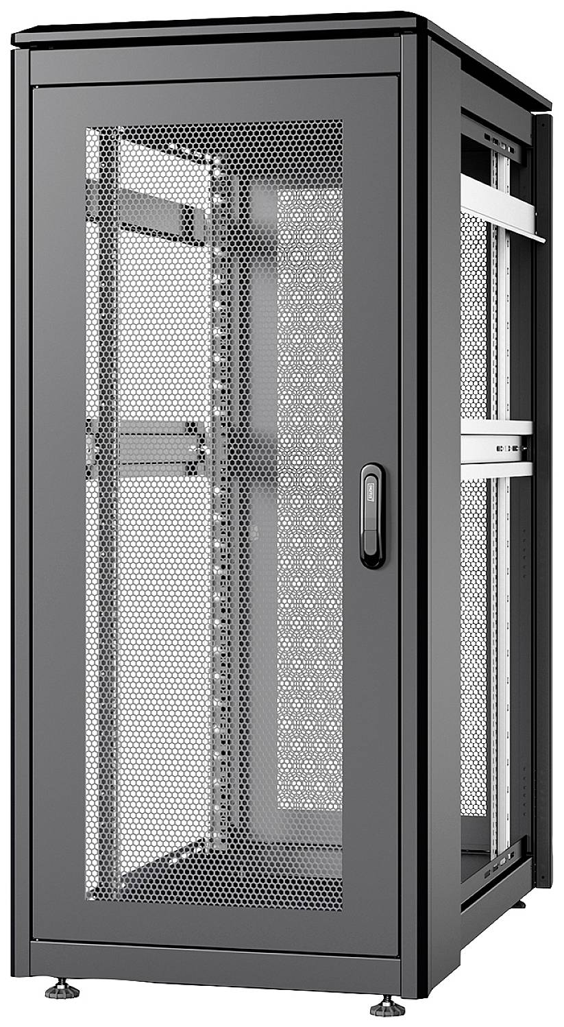 Czarny, stojący szafa serwerowa z perforowanymi drzwiami i solidnymi ściankami bocznymi, przeznaczona do stosowania w centrach danych lub środowiskach informatycznych.