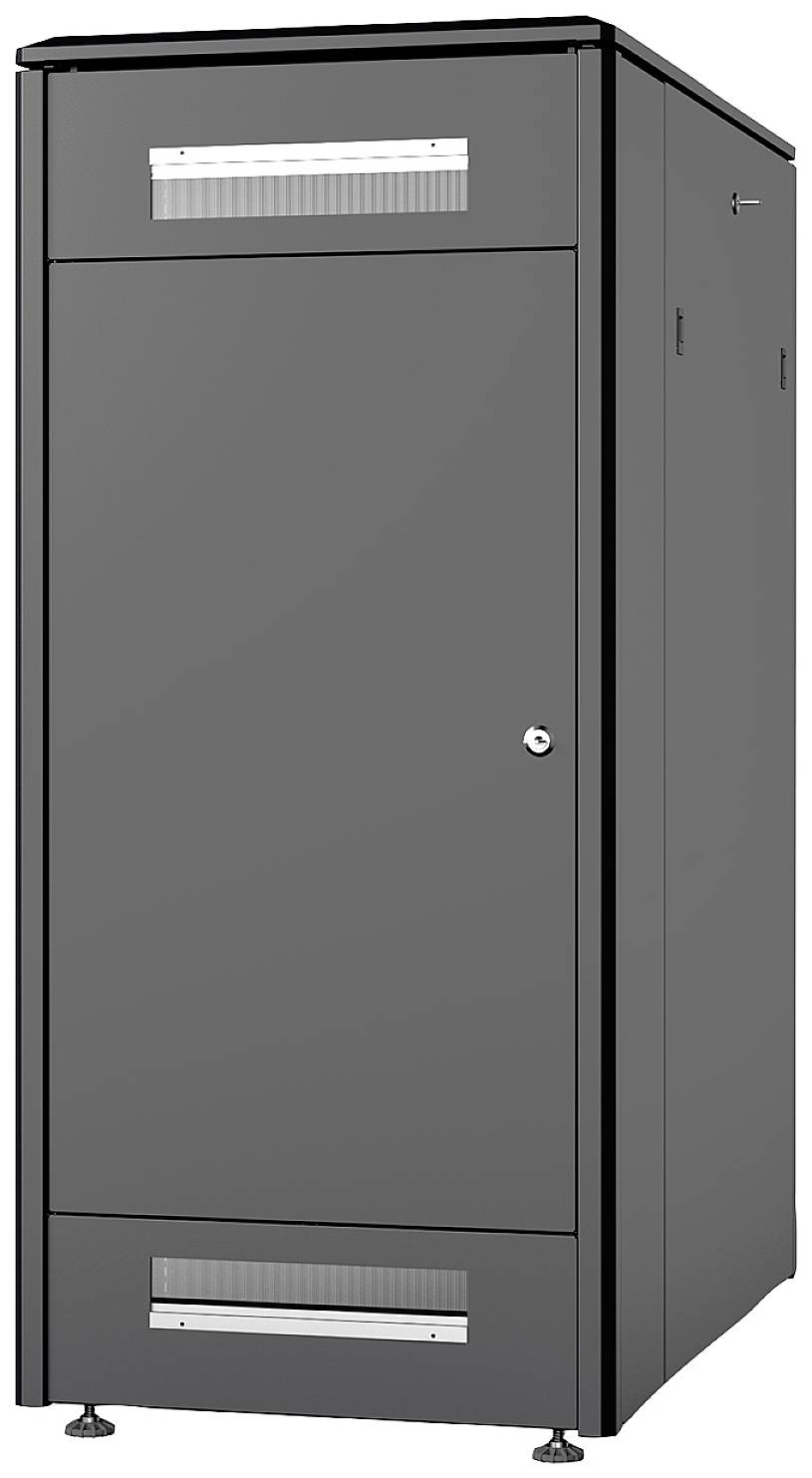 Ciemnoszara, prostokątna obudowa metalowa z otworami wentylacyjnymi u góry i u dołu, prawdopodobnie szafa serwerowa lub szafa telekomunikacyjna.