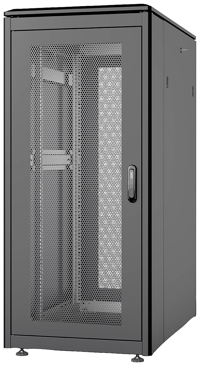 Pusty czarny szafka serwerowa z perforowanymi drzwiami, stojąca pionowo na czterech nogach, gotowa do zainstalowania urządzeń IT.