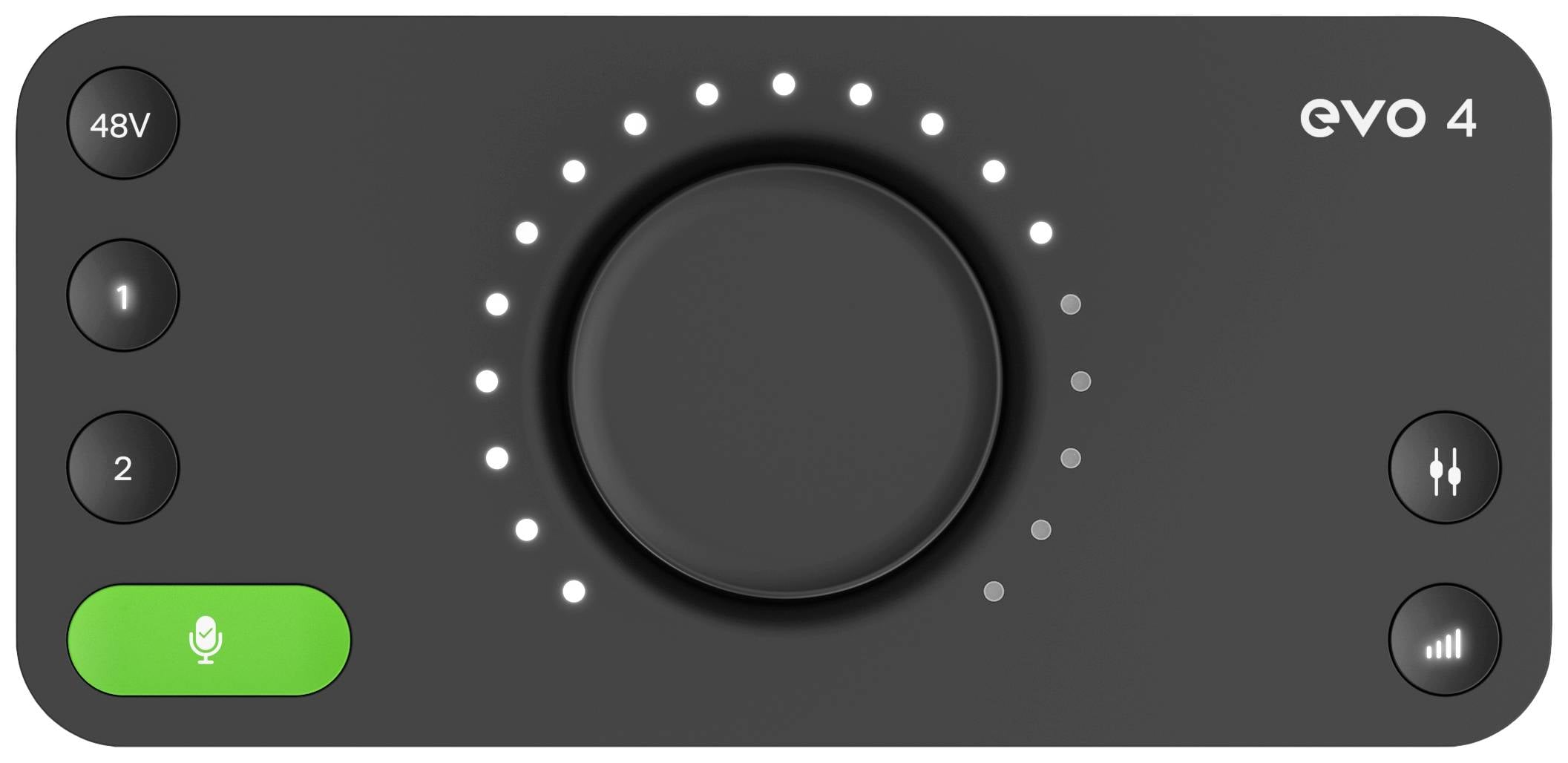 Interfejs audio z regulatorem, sześcioma przyciskami, w tym '48V', '1', '2', wyciszeniem mikrofonu, kontrolą głośności.