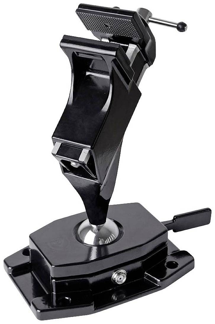 Czarny imadło z obrotową podstawą i regulowanymi szczękami, służące do bezpiecznego mocowania przedmiotów.