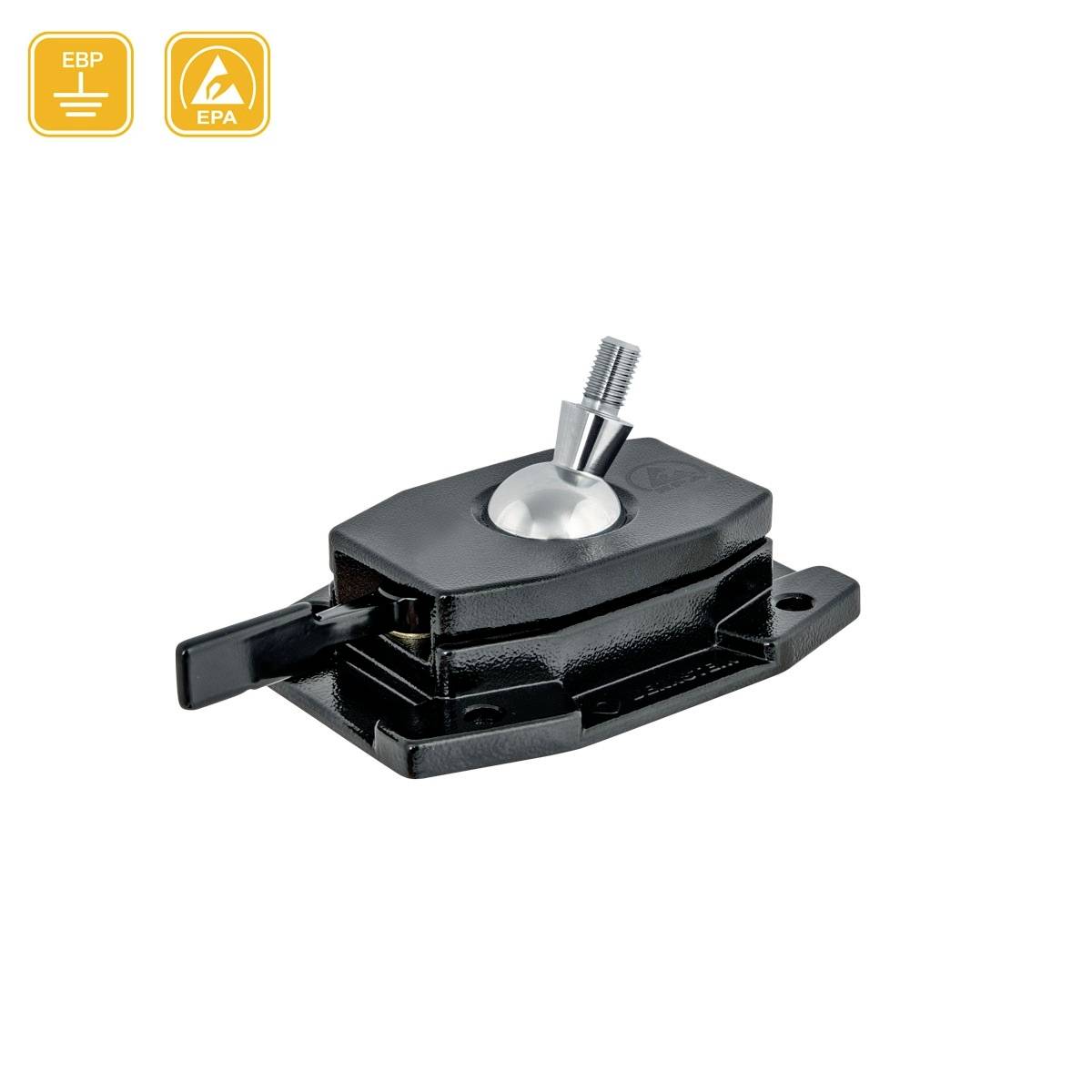 Czarna mechaniczna część z dźwignią i gwintem, prawdopodobnie przeznaczona do zastosowań przemysłowych. W lewym górnym rogu widoczne są dwa symbole: symbol ziemi oraz symbol EPA.